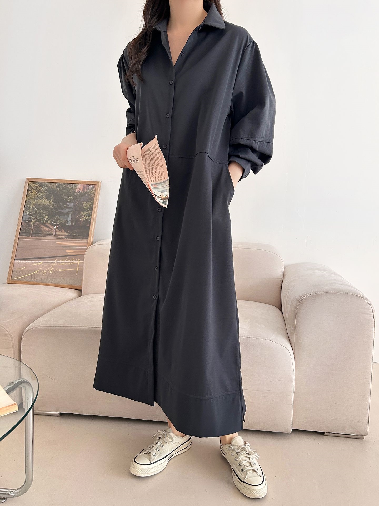 ボタンカラースリットピンタックポケットラインオーバーサイズ長袖ボタンスリーブ無地シャツワンピース | 詳細画像7