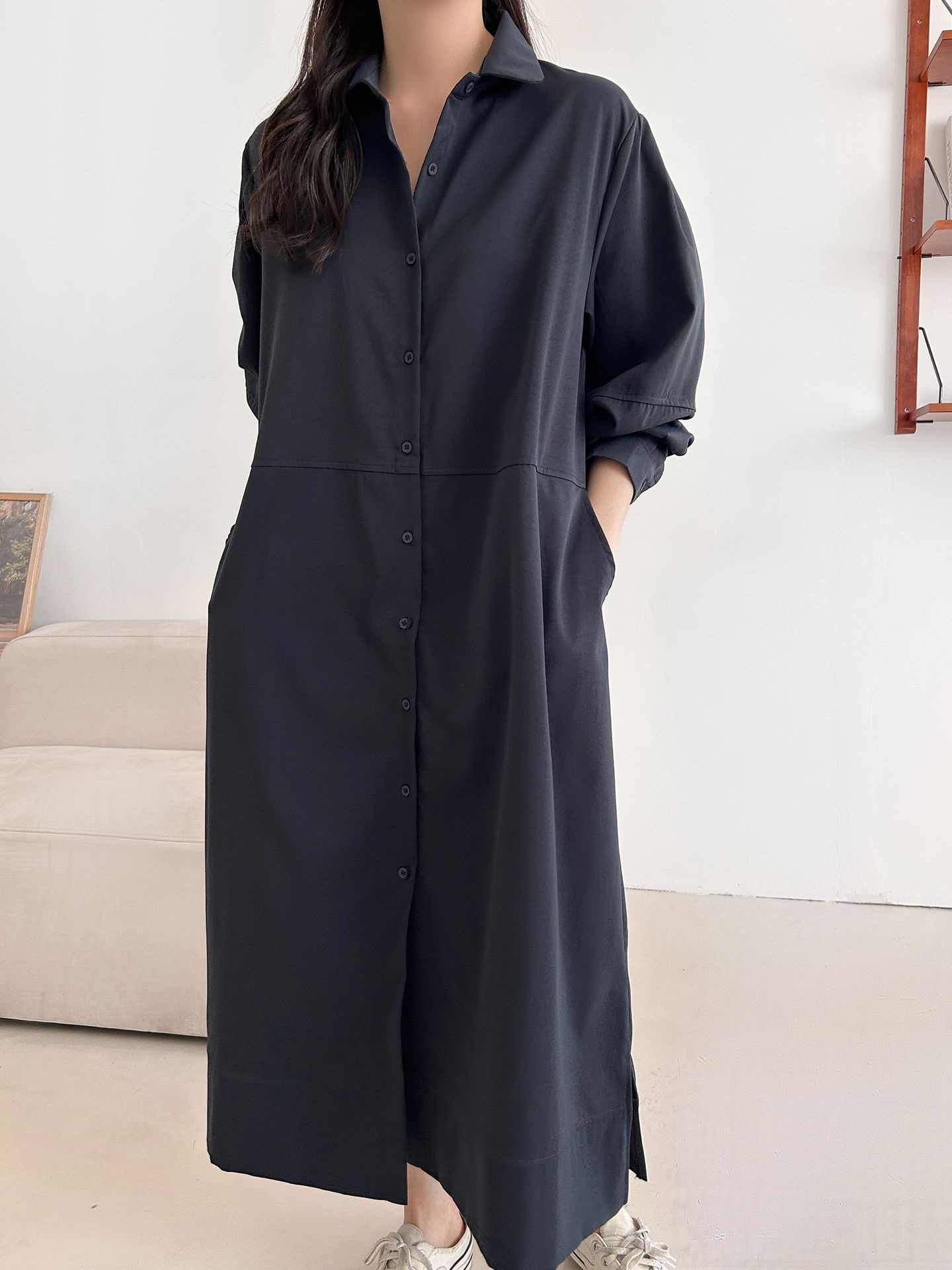 ボタンカラースリットピンタックポケットラインオーバーサイズ長袖ボタンスリーブ無地シャツワンピース | 詳細画像9