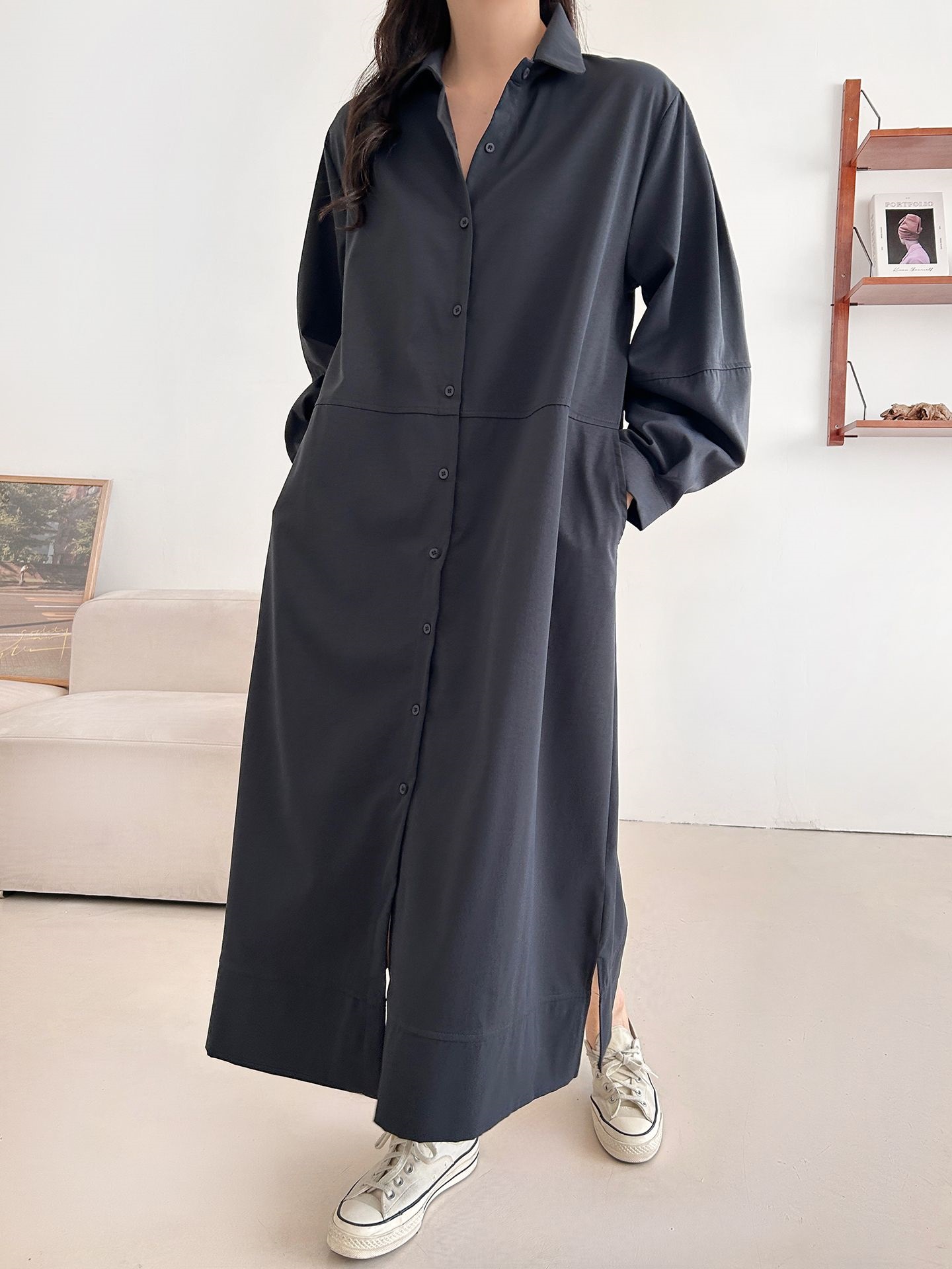 ボタンカラースリットピンタックポケットラインオーバーサイズ長袖ボタンスリーブ無地シャツワンピース | 詳細画像10