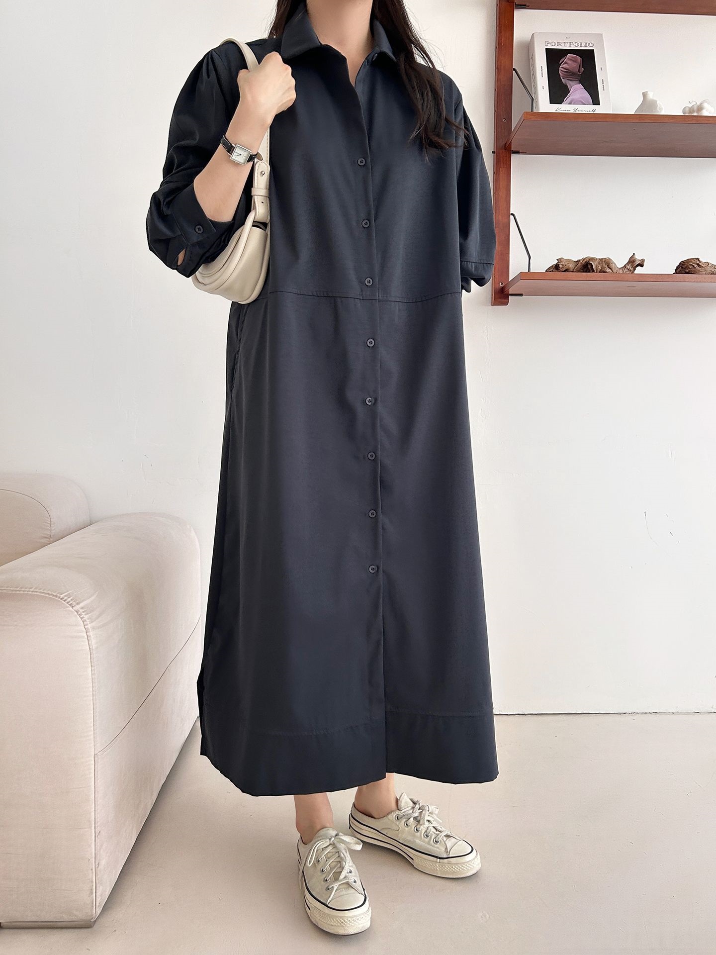 ボタンカラースリットピンタックポケットラインオーバーサイズ長袖ボタンスリーブ無地シャツワンピース | 詳細画像11