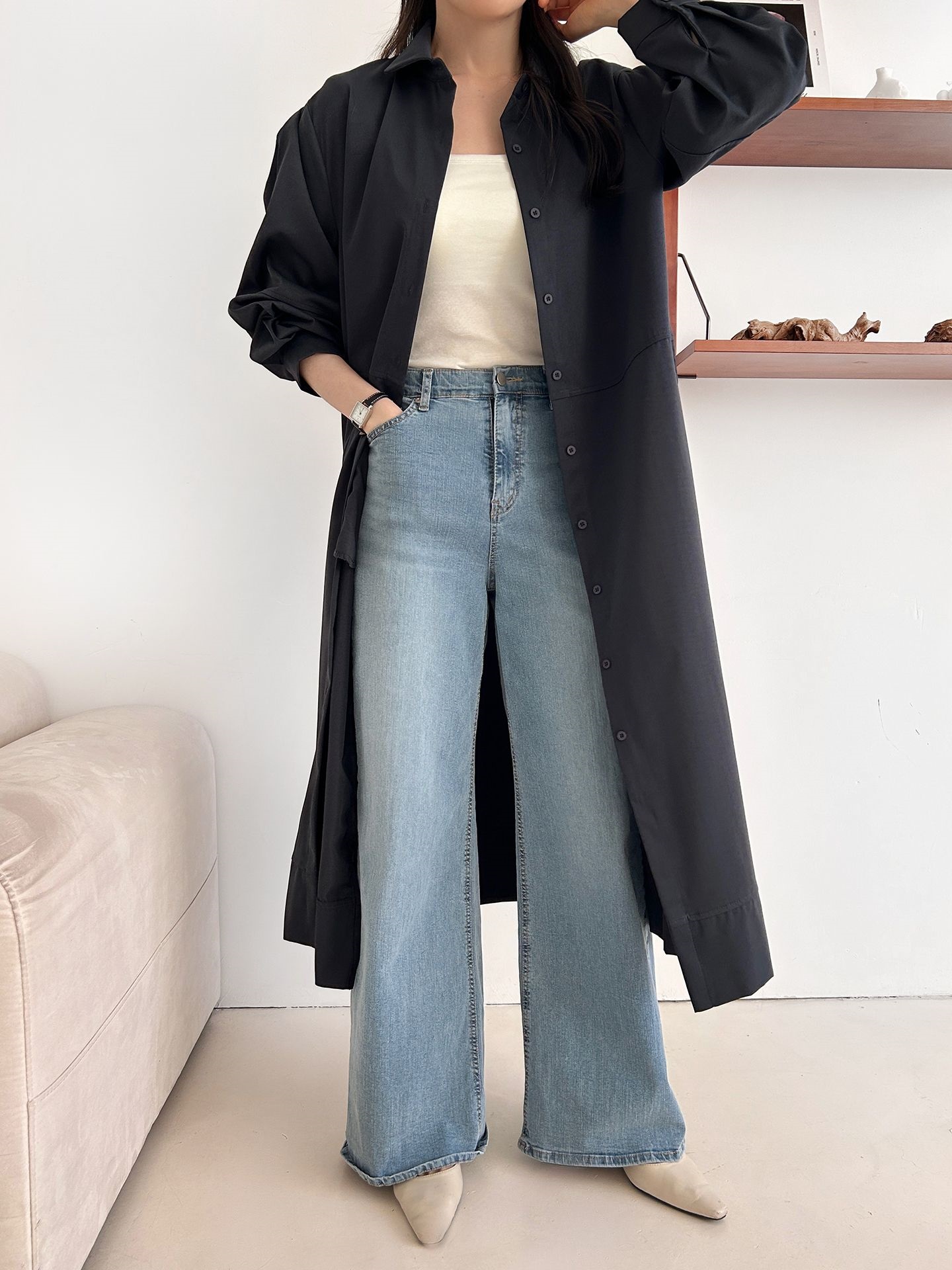 ボタンカラースリットピンタックポケットラインオーバーサイズ長袖ボタンスリーブ無地シャツワンピース | 詳細画像12