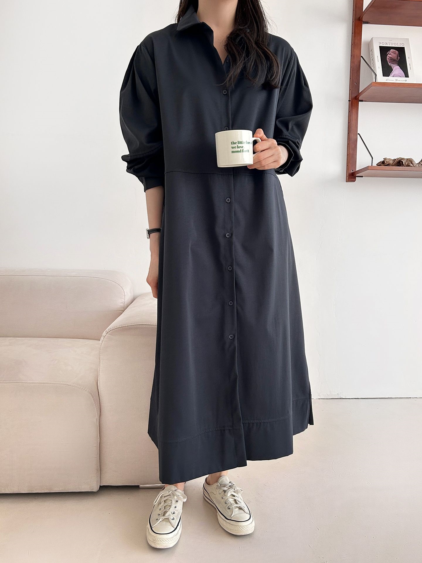 ボタンカラースリットピンタックポケットラインオーバーサイズ長袖ボタンスリーブ無地シャツワンピース | 詳細画像13