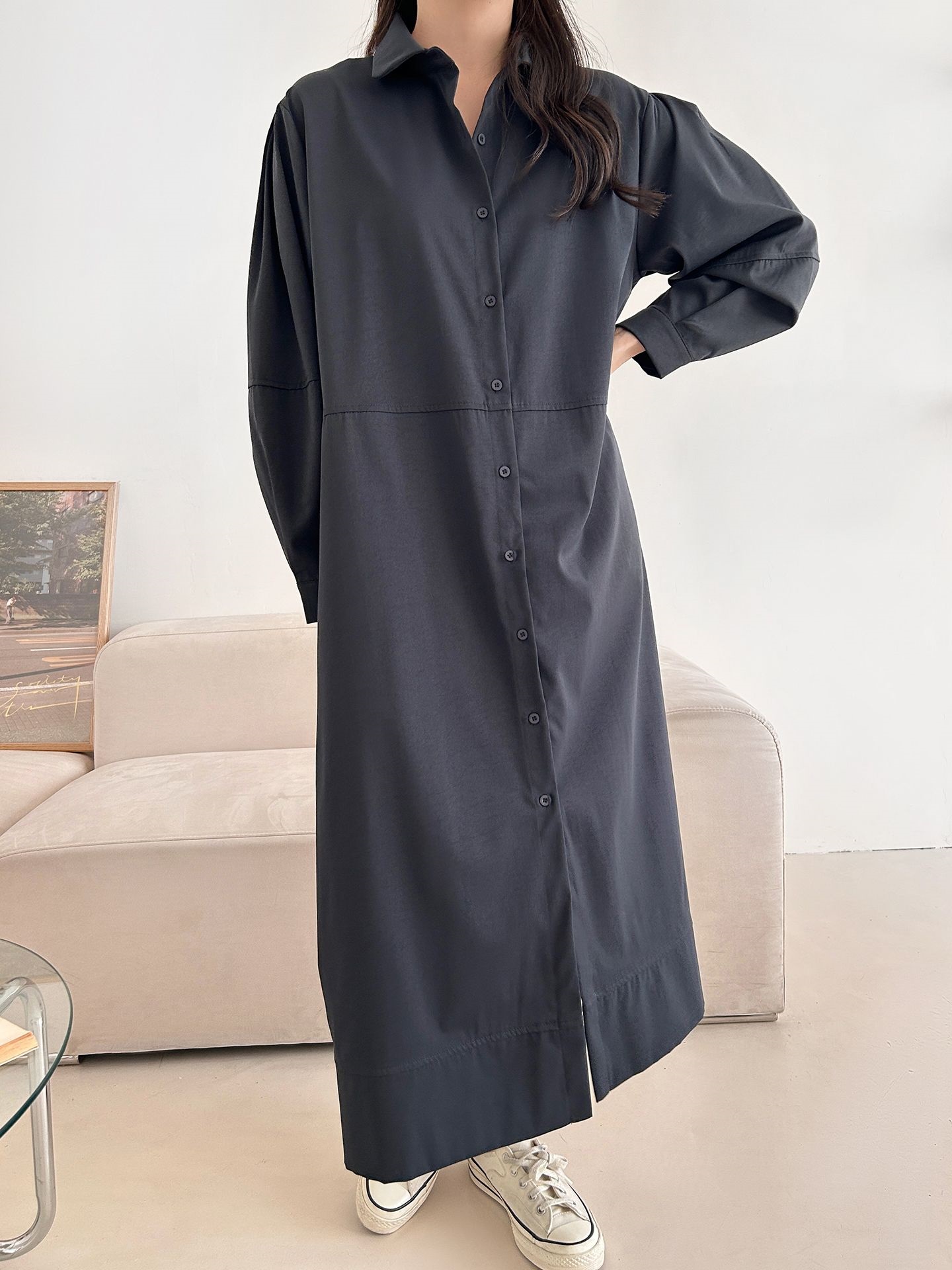 ボタンカラースリットピンタックポケットラインオーバーサイズ長袖ボタンスリーブ無地シャツワンピース | 詳細画像14
