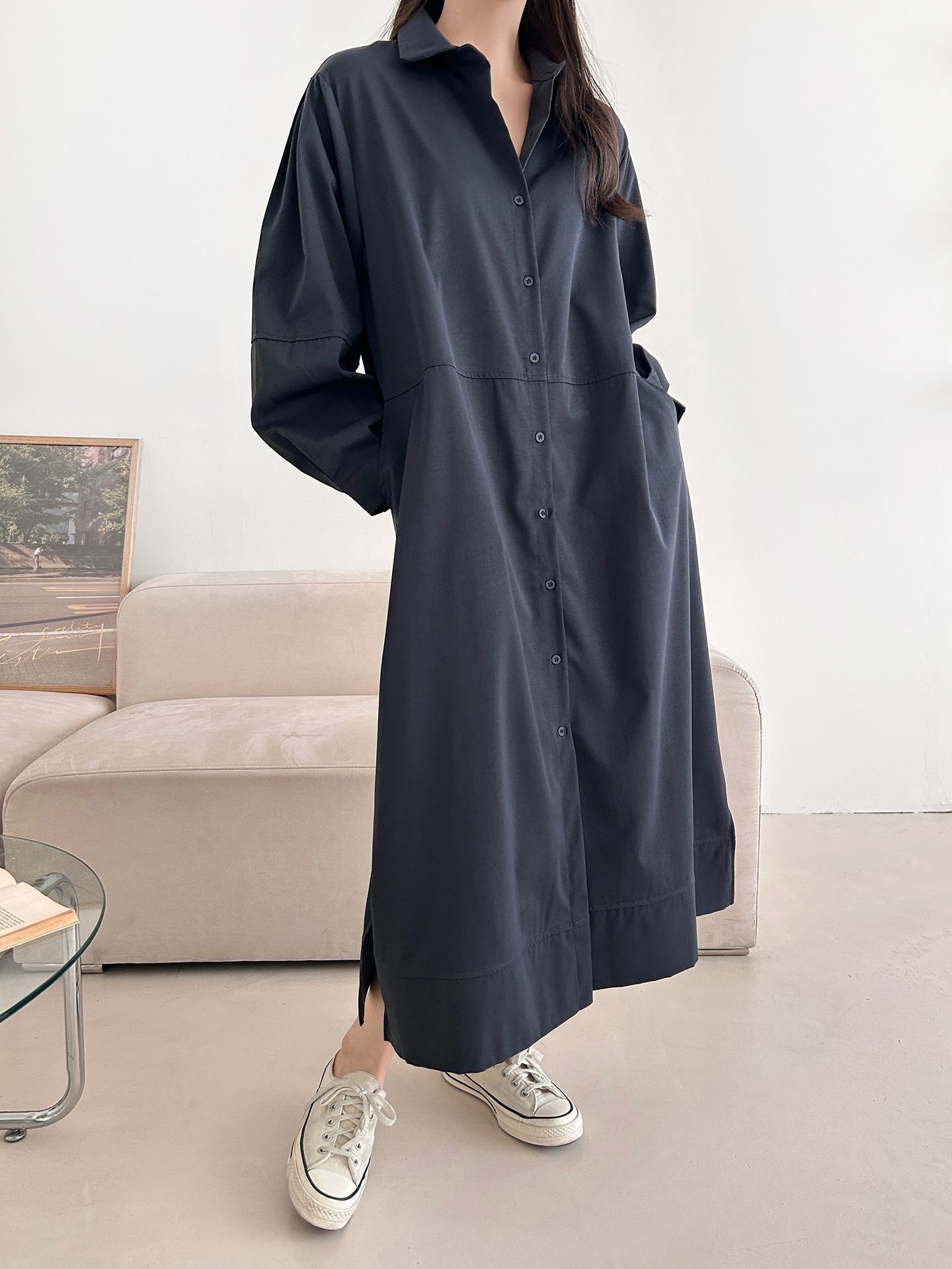 ボタンカラースリットピンタックポケットラインオーバーサイズ長袖ボタンスリーブ無地シャツワンピース | 詳細画像15