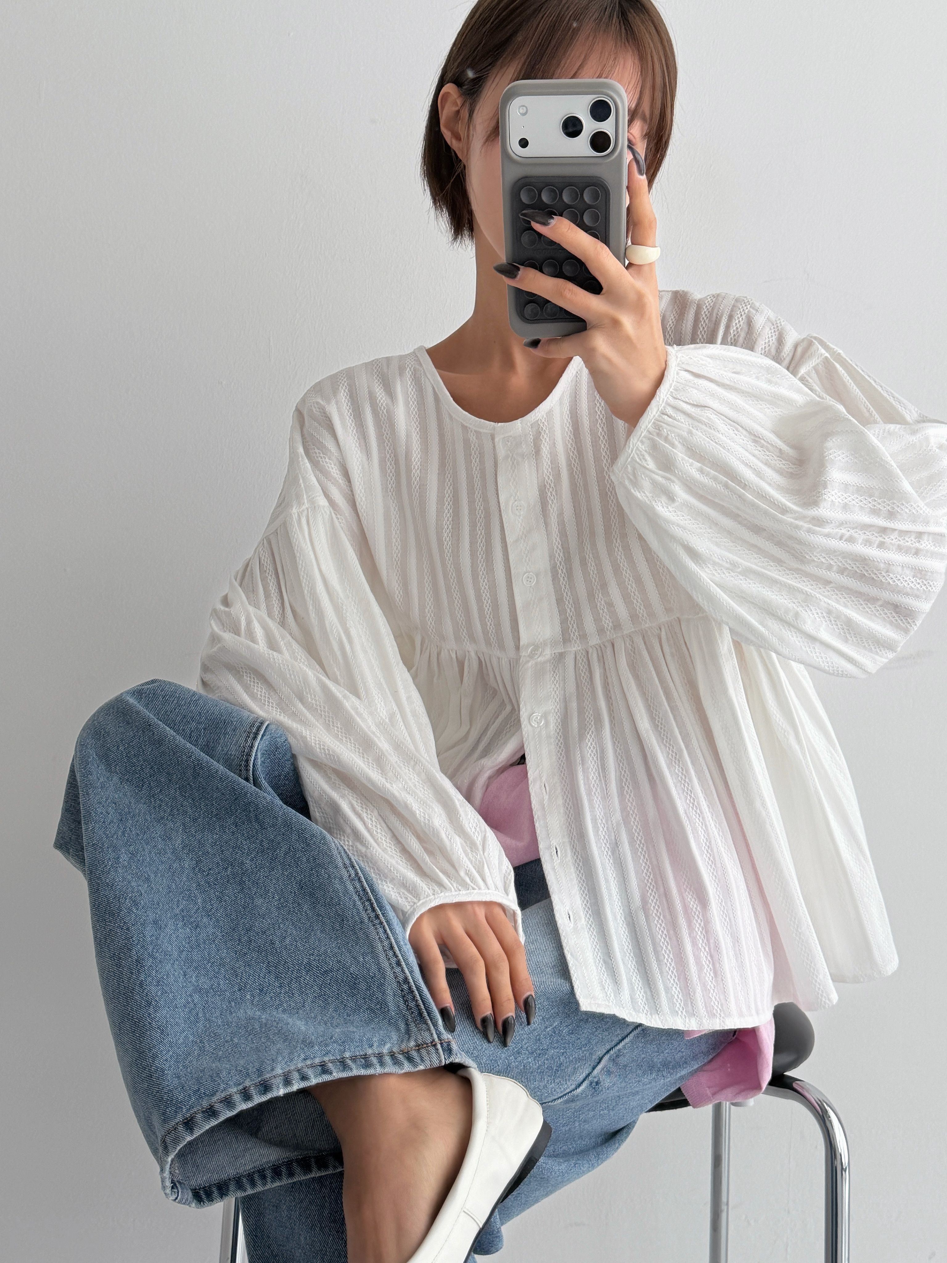 コットンラウンドネックリンクルラインパフスリーブ長袖ギャザーストライプブラウス | 詳細画像2