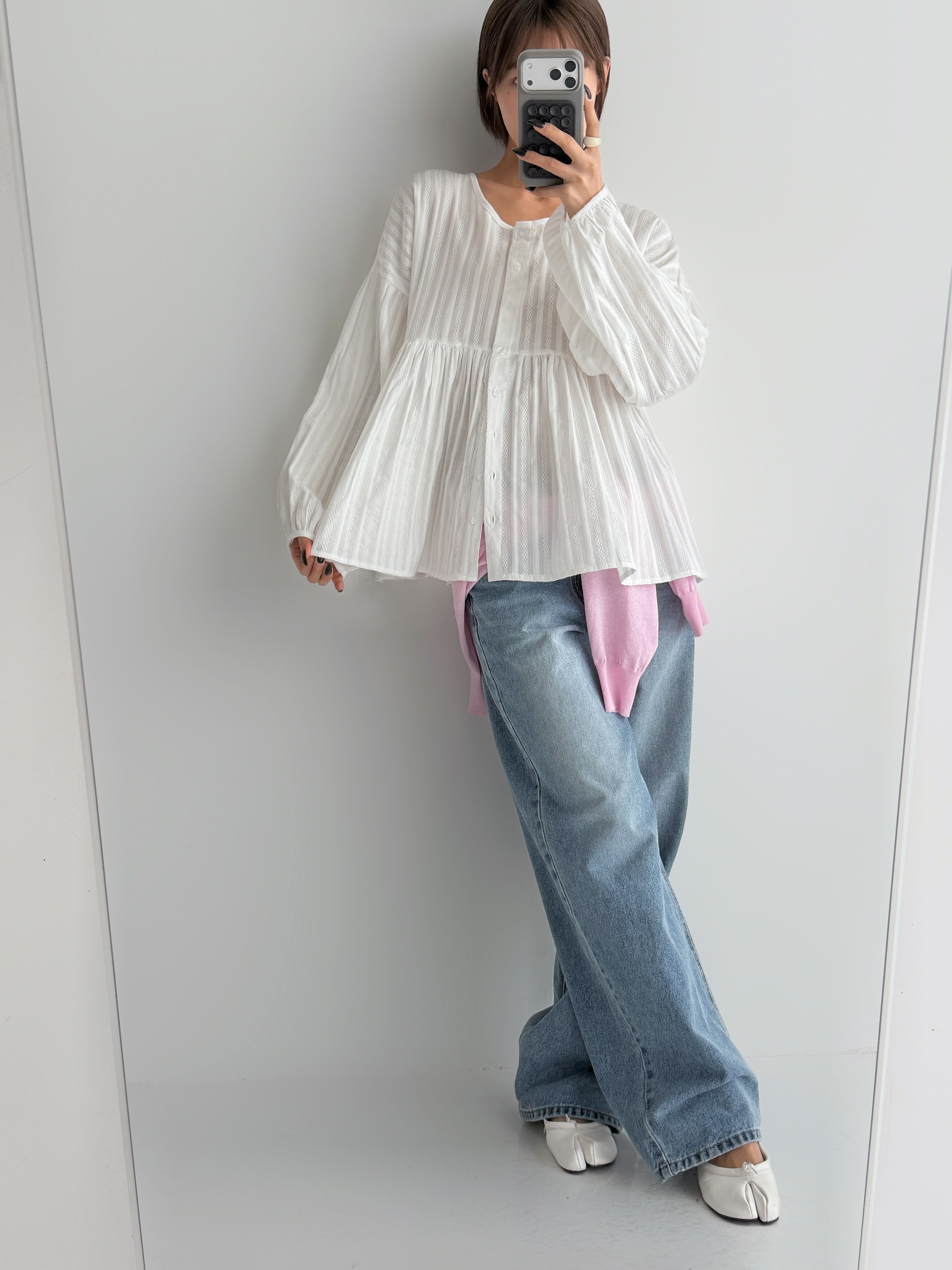 コットンラウンドネックリンクルラインパフスリーブ長袖ギャザーストライプブラウス | 詳細画像3