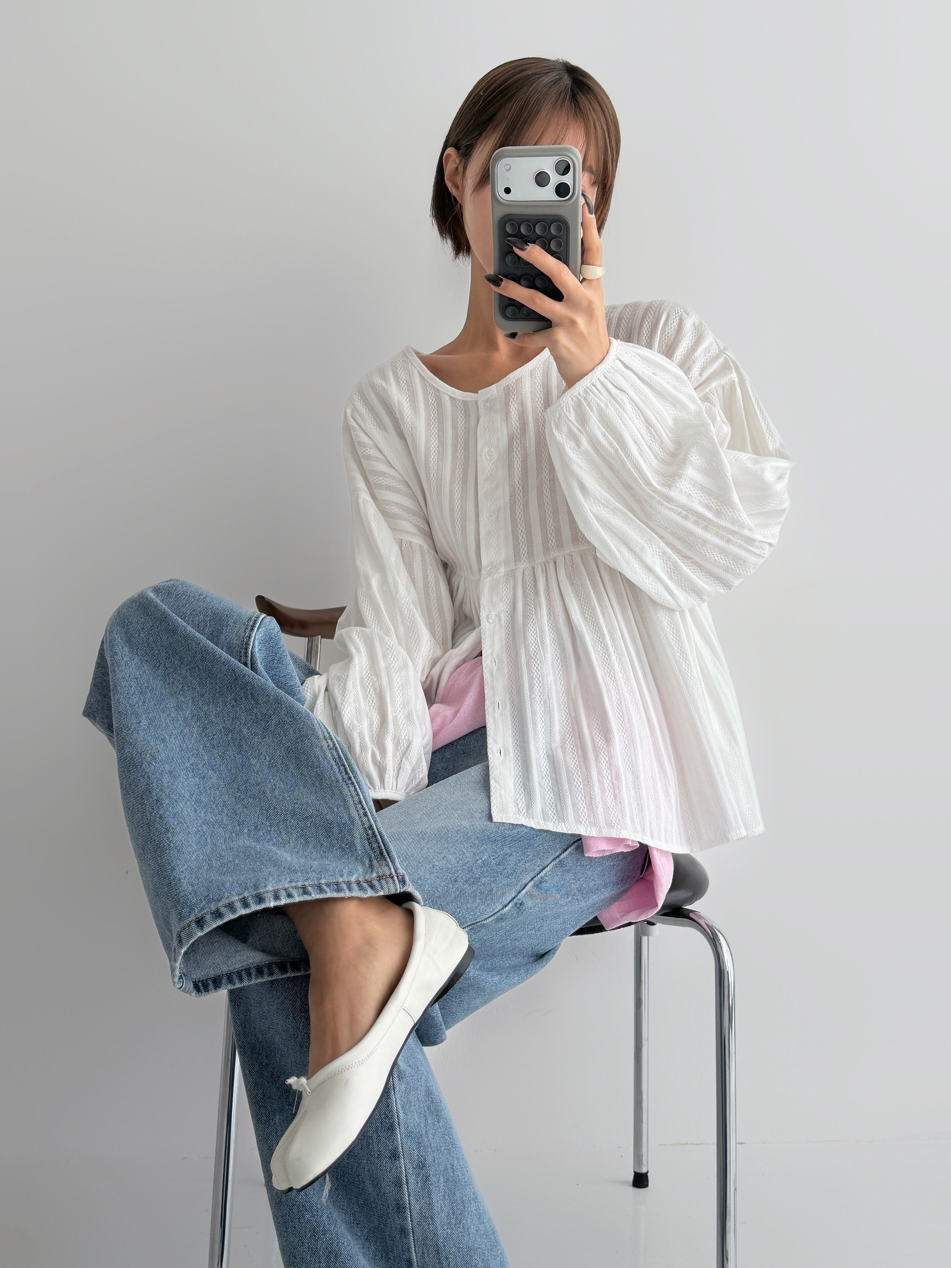 コットンラウンドネックリンクルラインパフスリーブ長袖ギャザーストライプブラウス | 詳細画像4
