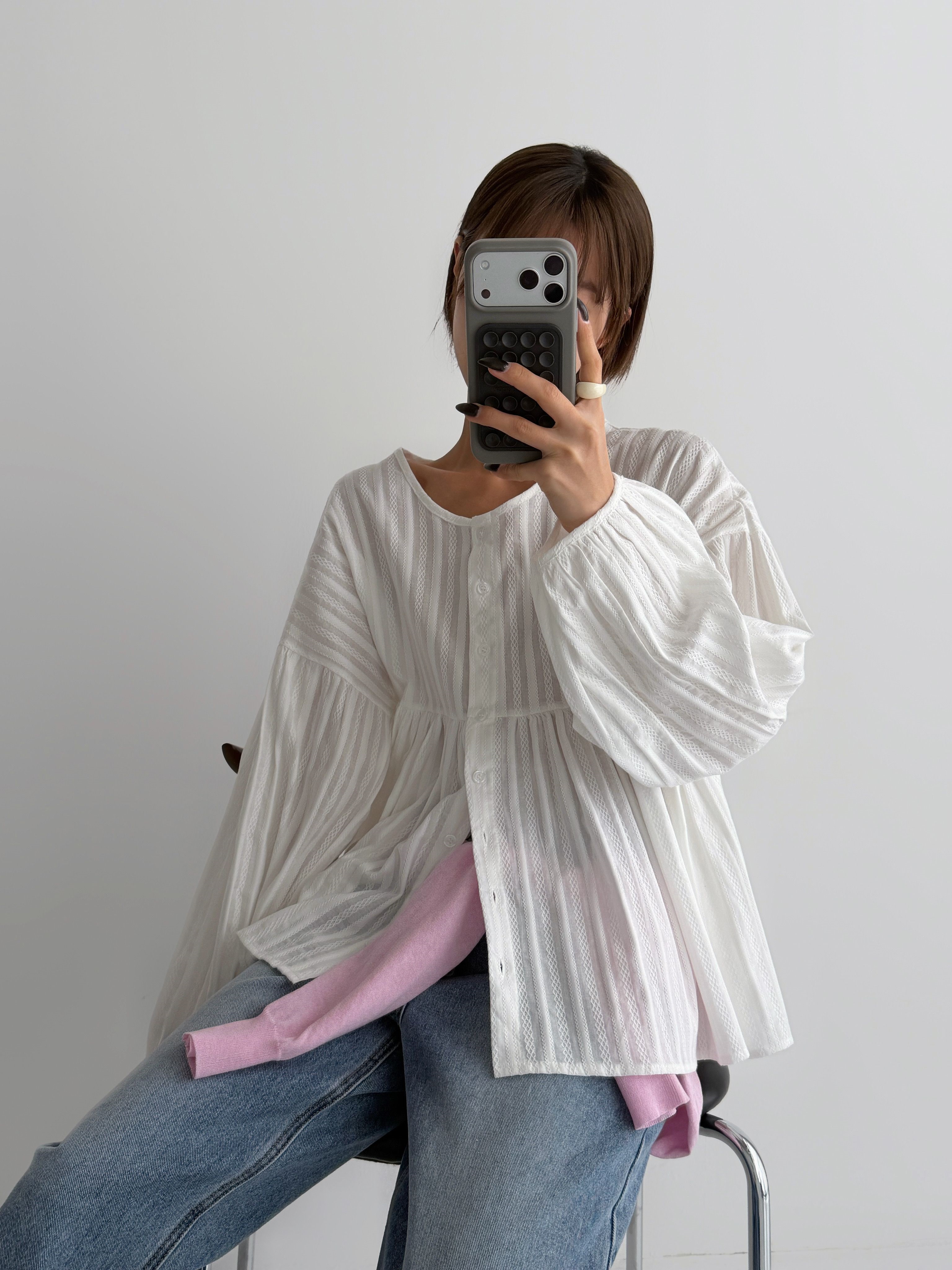 コットンラウンドネックリンクルラインパフスリーブ長袖ギャザーストライプブラウス | 詳細画像5