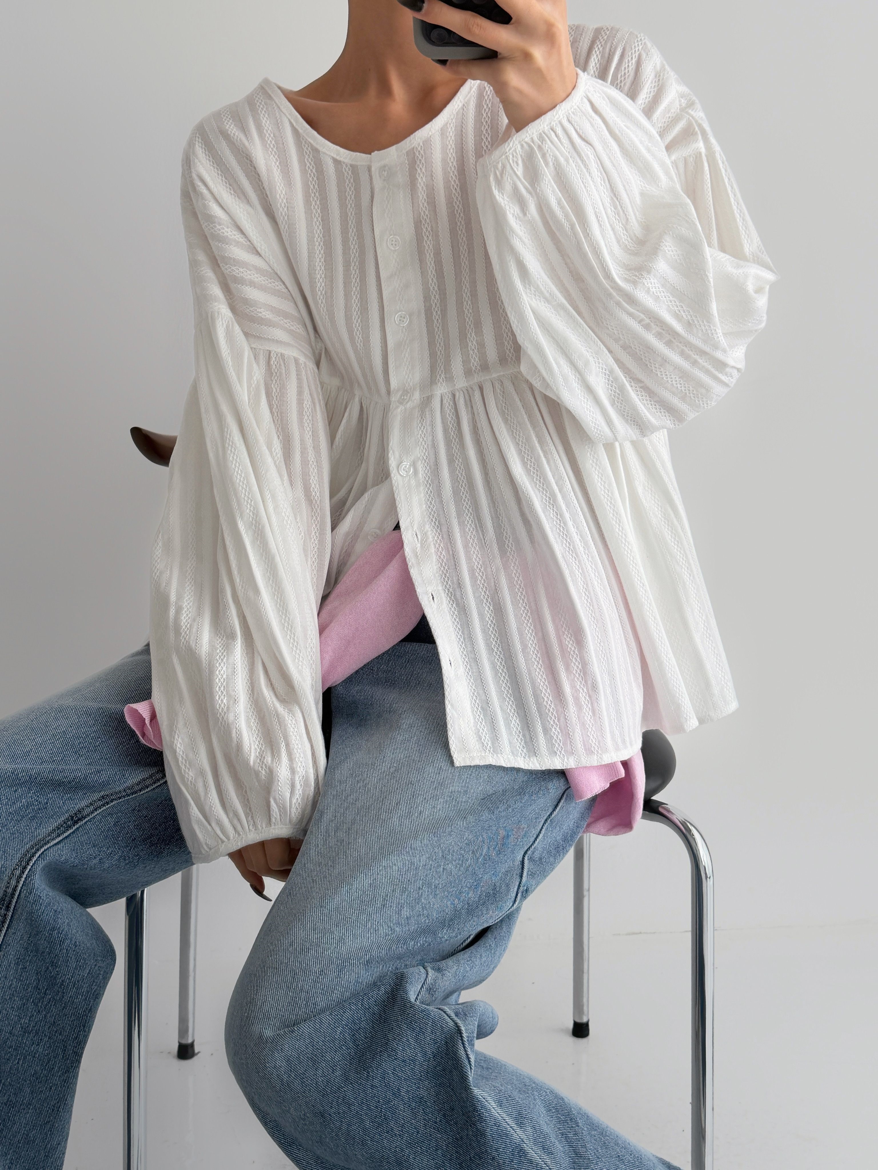 コットンラウンドネックリンクルラインパフスリーブ長袖ギャザーストライプブラウス | 詳細画像7