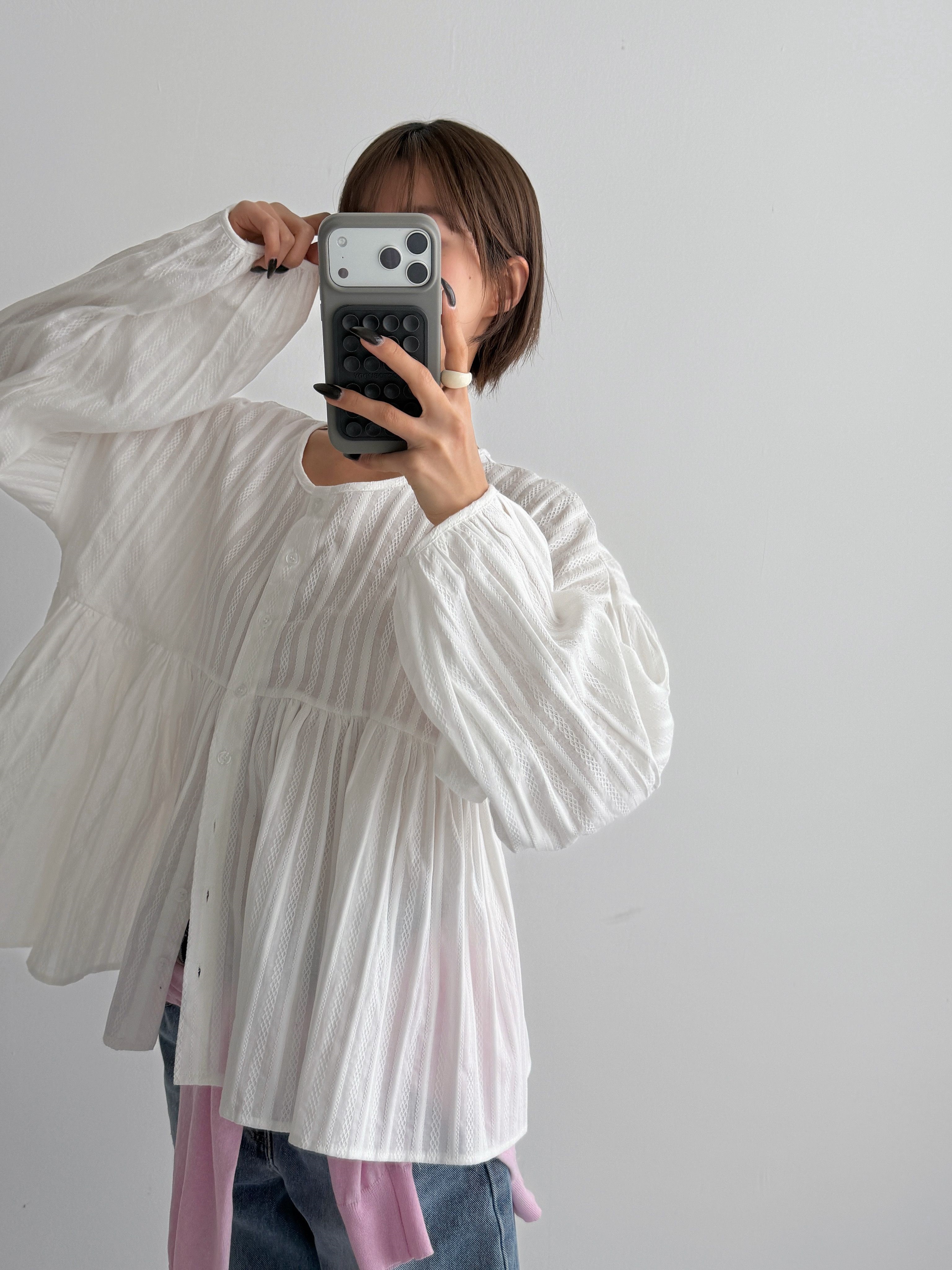 コットンラウンドネックリンクルラインパフスリーブ長袖ギャザーストライプブラウス | 詳細画像8