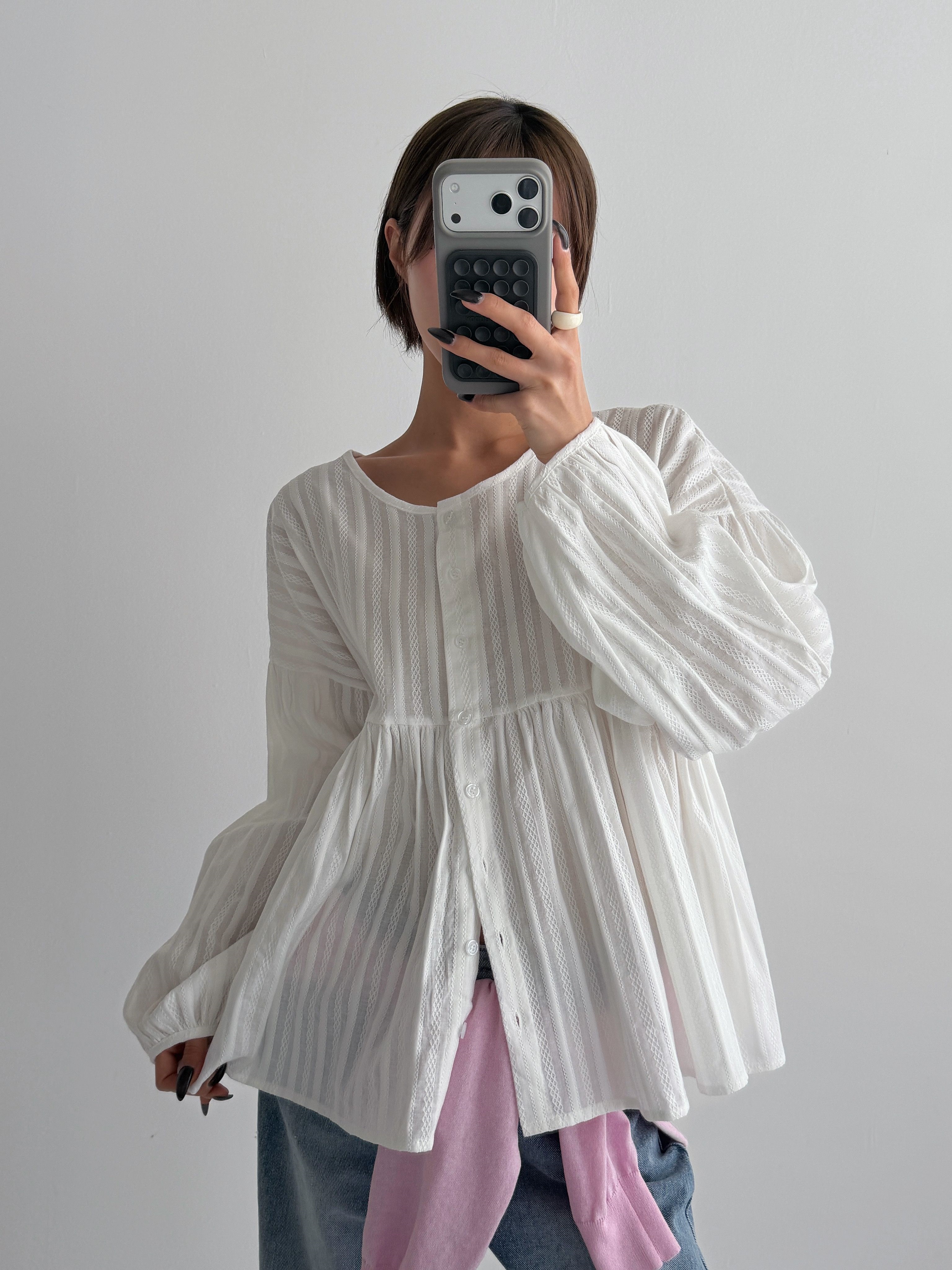 コットンラウンドネックリンクルラインパフスリーブ長袖ギャザーストライプブラウス | 詳細画像10