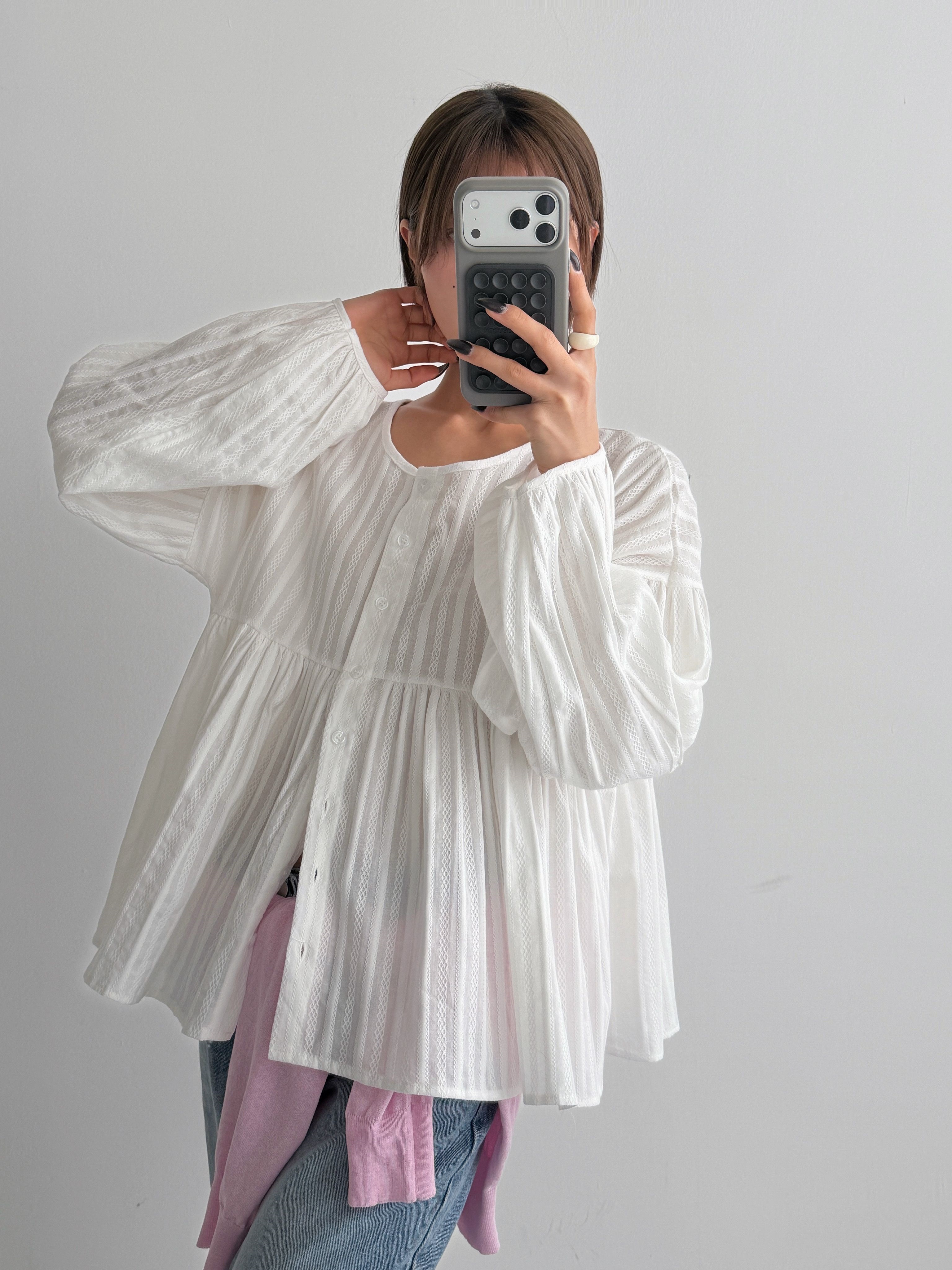 コットンラウンドネックリンクルラインパフスリーブ長袖ギャザーストライプブラウス | 詳細画像12