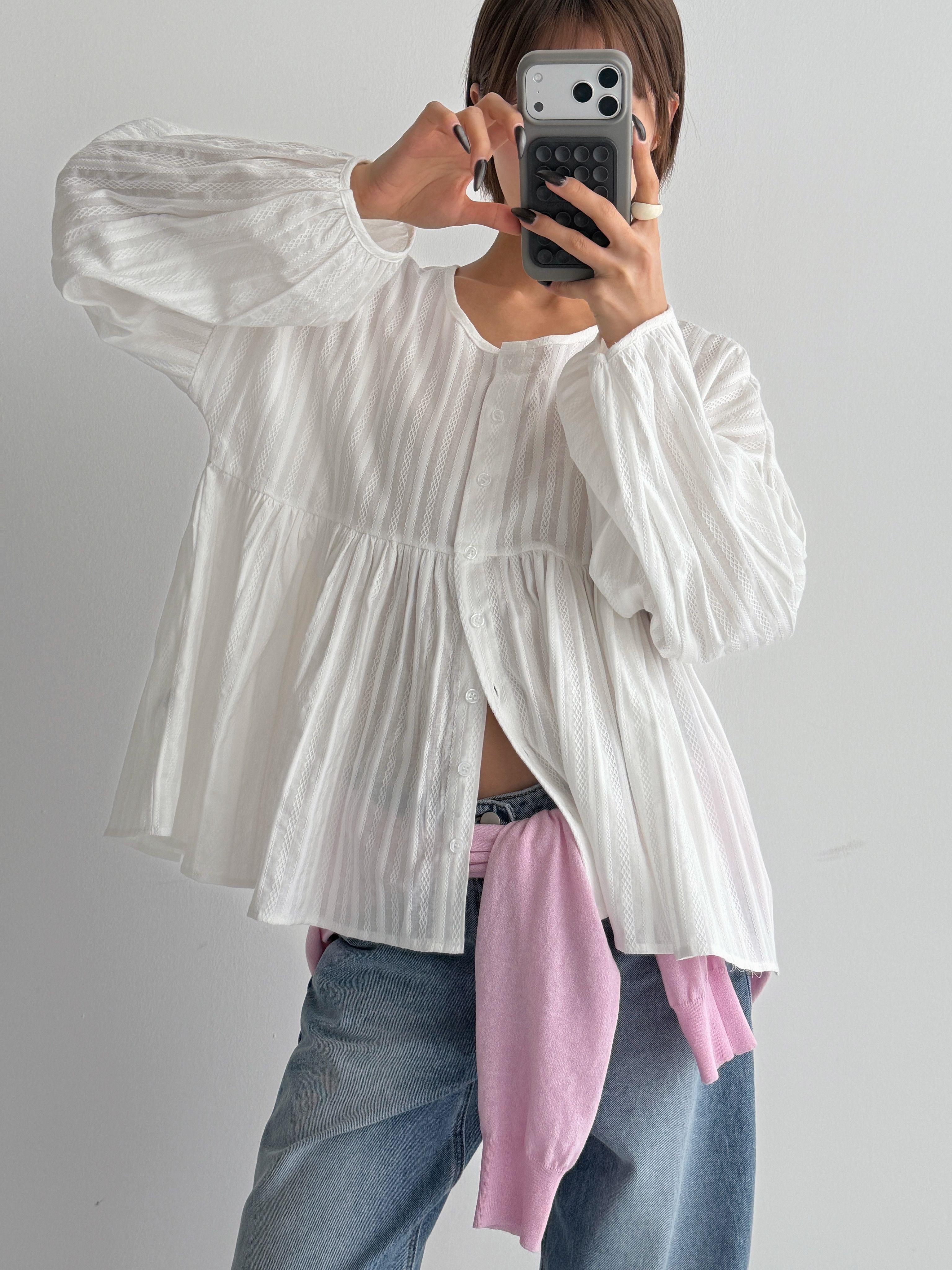 コットンラウンドネックリンクルラインパフスリーブ長袖ギャザーストライプブラウス | 詳細画像13