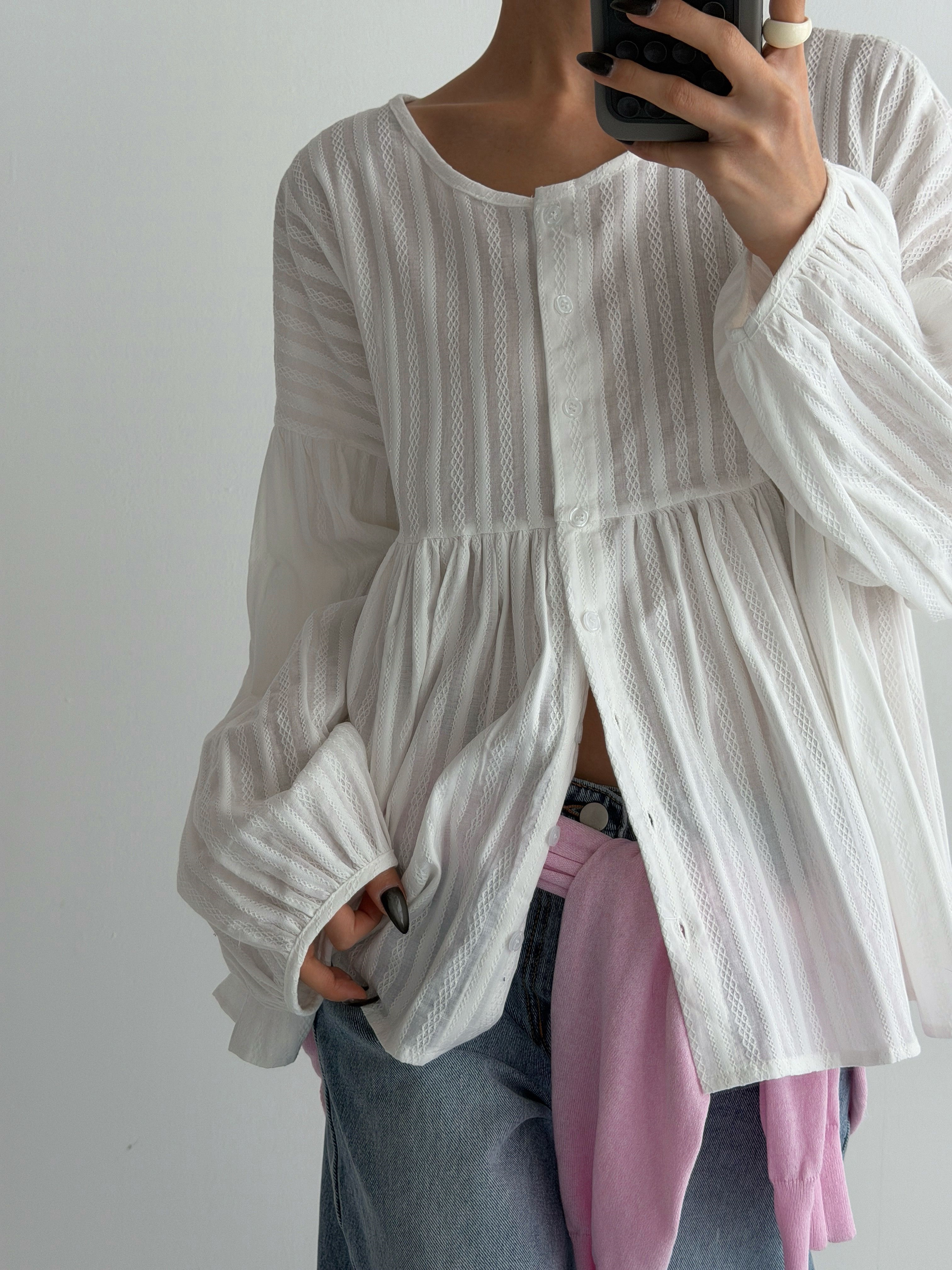 コットンラウンドネックリンクルラインパフスリーブ長袖ギャザーストライプブラウス | 詳細画像15