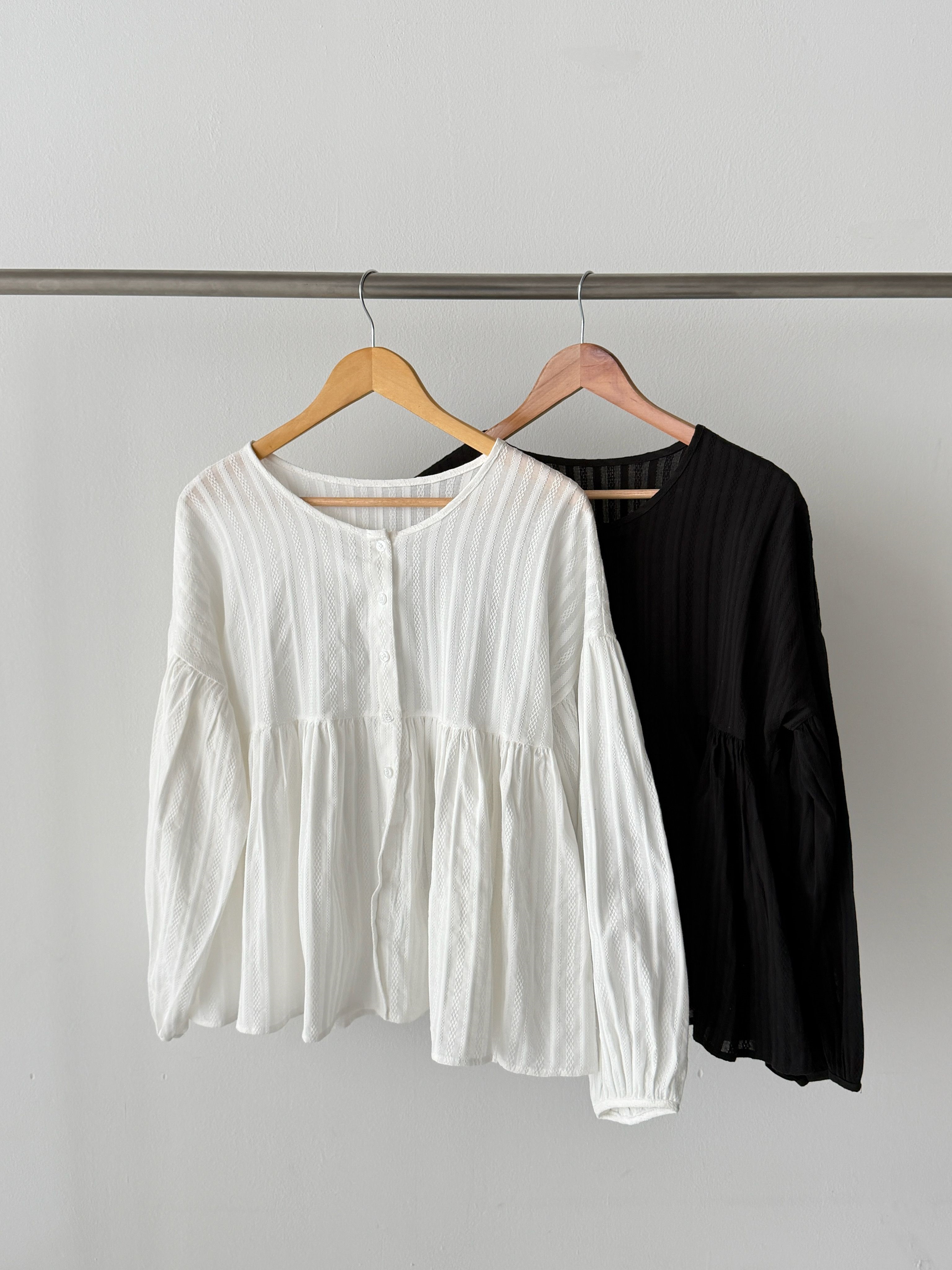 コットンラウンドネックリンクルラインパフスリーブ長袖ギャザーストライプブラウス | 詳細画像16