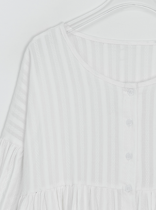 コットンラウンドネックリンクルラインパフスリーブ長袖ギャザーストライプブラウス | 詳細画像17