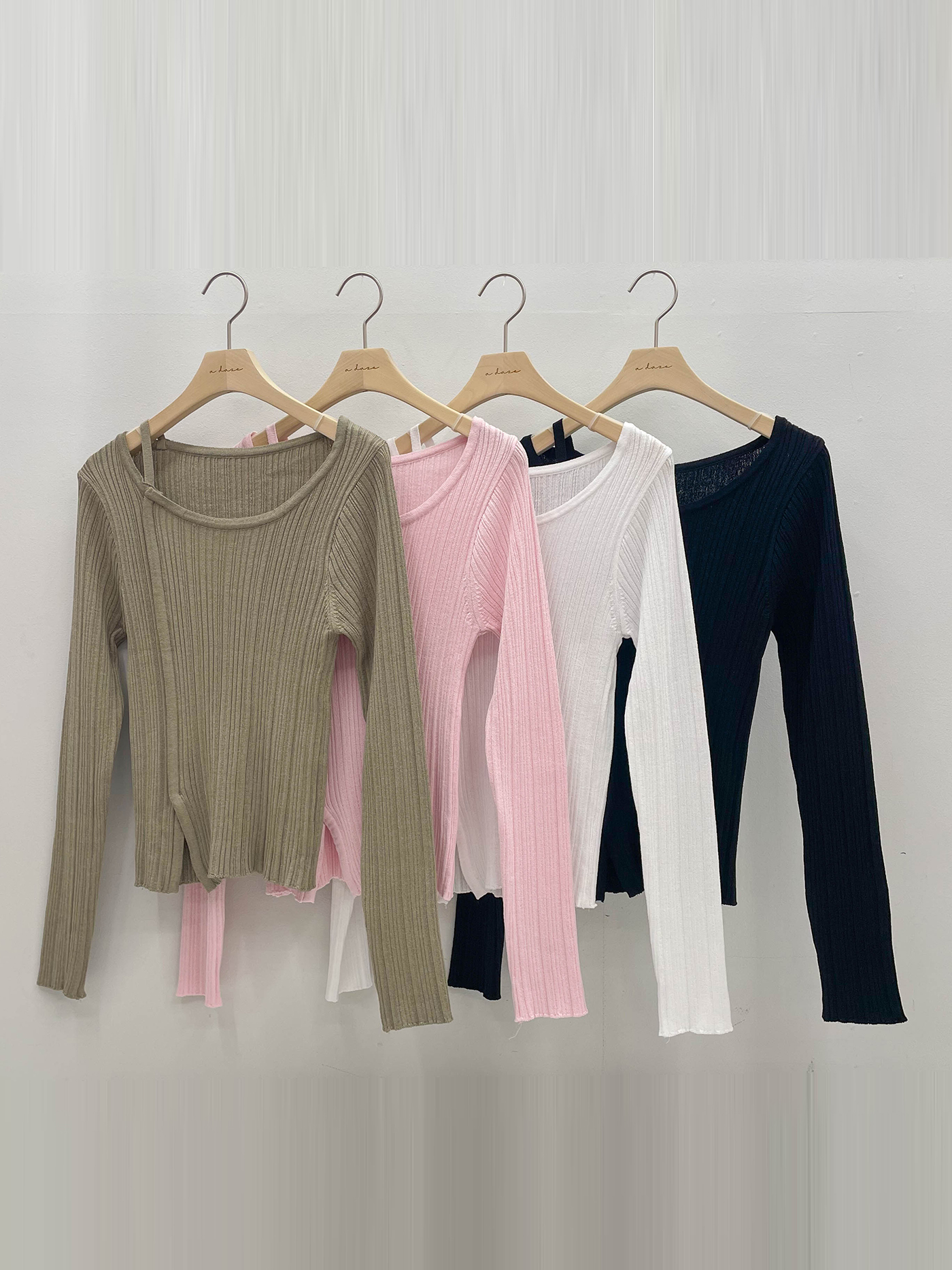 リブアンバランスネックスリットスリムベルスリーブアンバランス長袖無地ニット | 詳細画像20