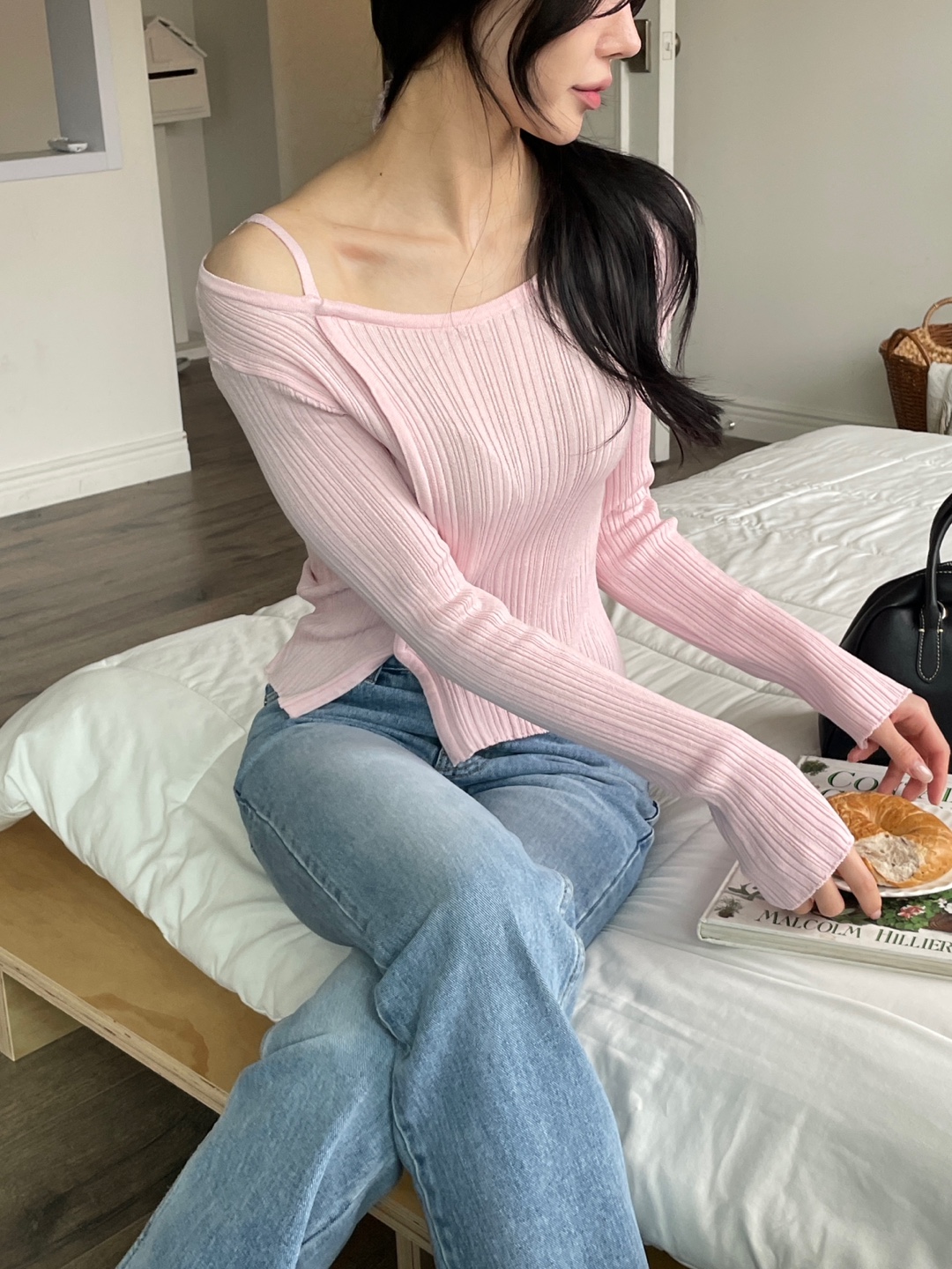 リブアンバランスネックスリットスリムベルスリーブアンバランス長袖無地ニット | 詳細画像6