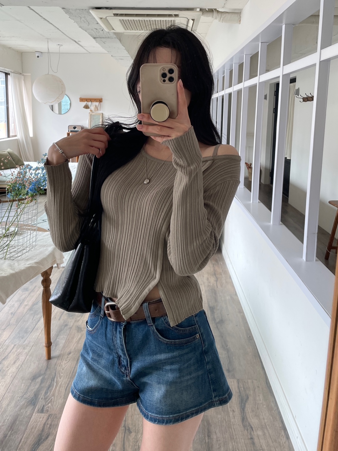 リブアンバランスネックスリットスリムベルスリーブアンバランス長袖無地ニット | 詳細画像13