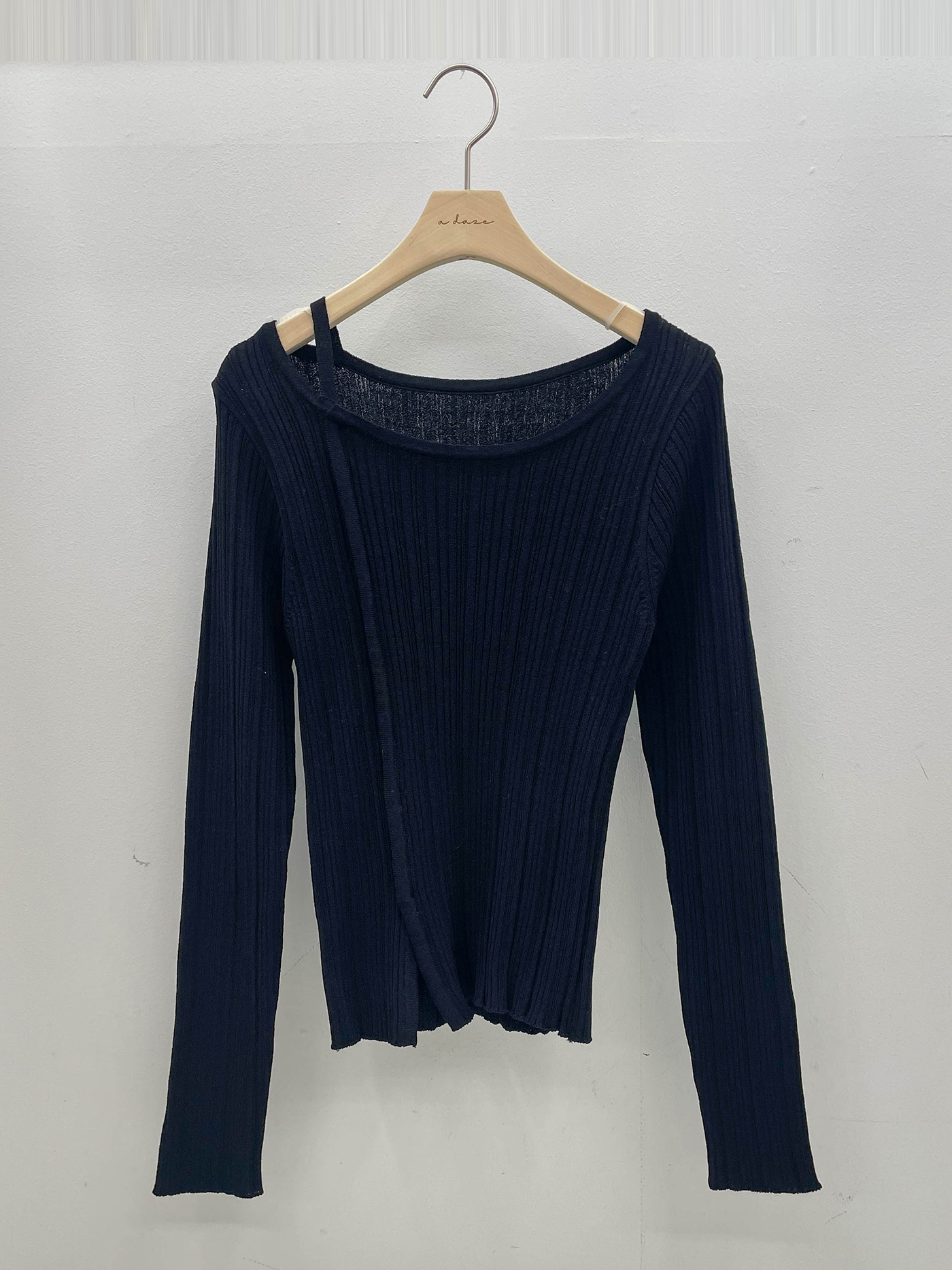 リブアンバランスネックスリットスリムベルスリーブアンバランス長袖無地ニット | 詳細画像19