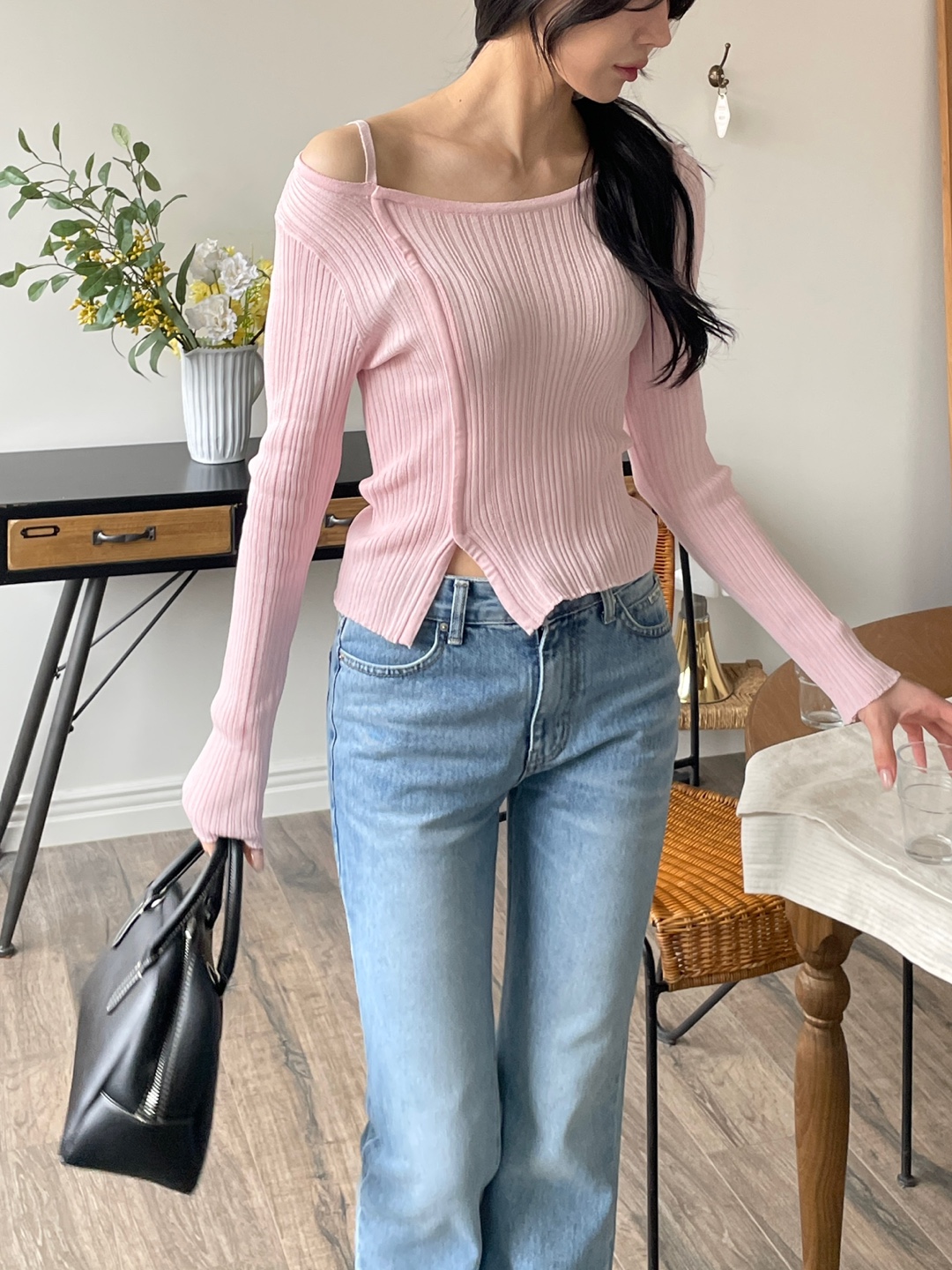 リブアンバランスネックスリットスリムベルスリーブアンバランス長袖無地ニット | 詳細画像2