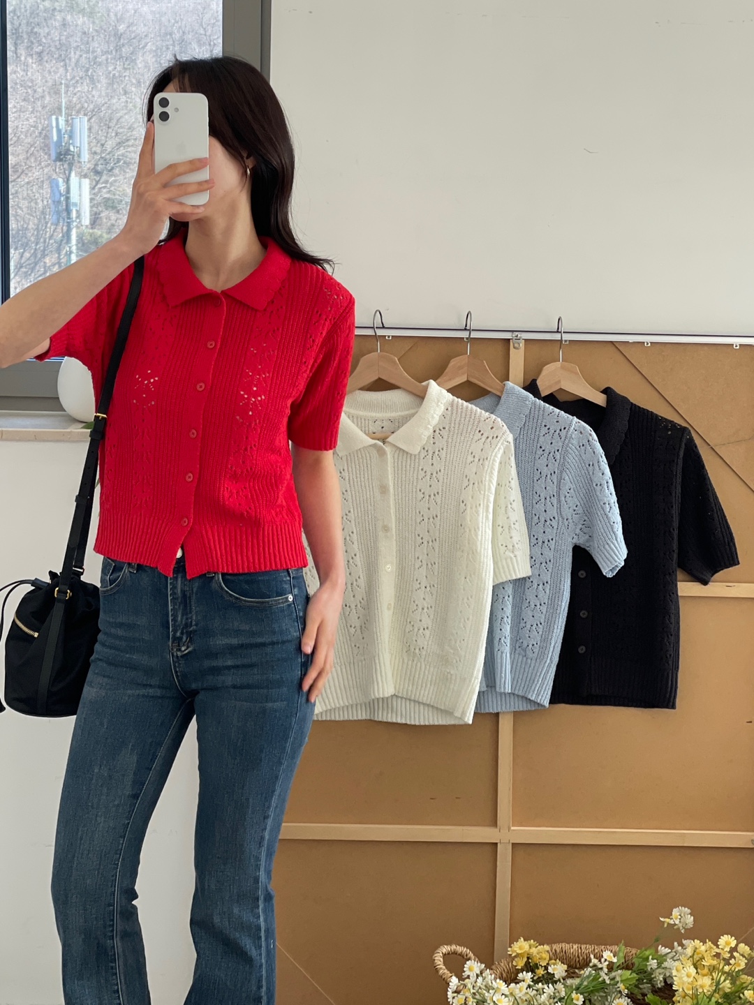 ブークレアクリルボタンカラーパンチング半袖花柄カーディガン | 詳細画像2