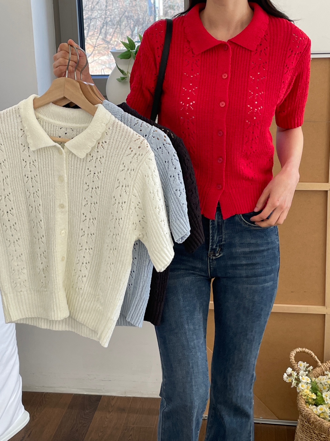 ブークレアクリルボタンカラーパンチング半袖花柄カーディガン | 詳細画像3