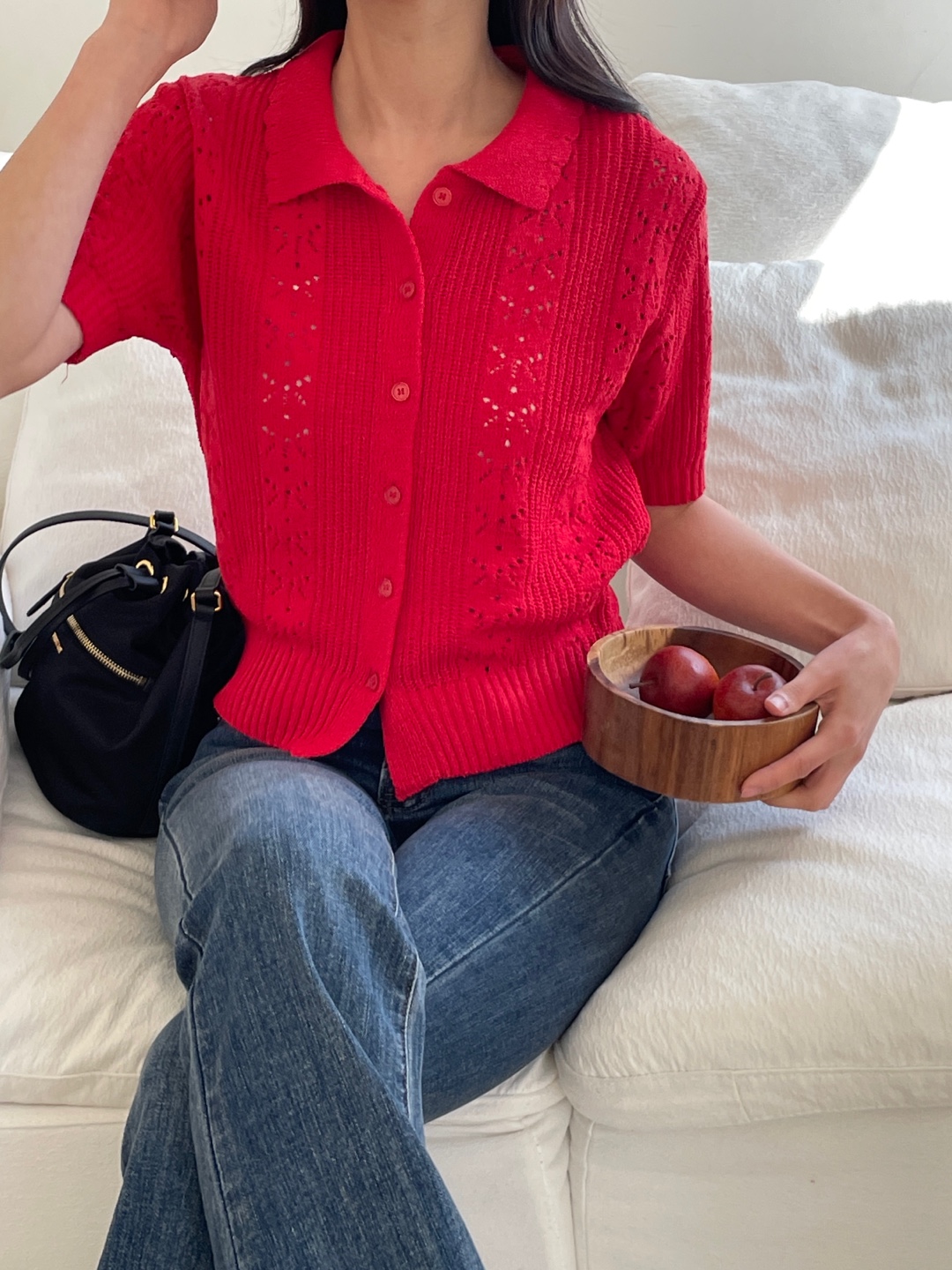 ブークレアクリルボタンカラーパンチング半袖花柄カーディガン | 詳細画像9