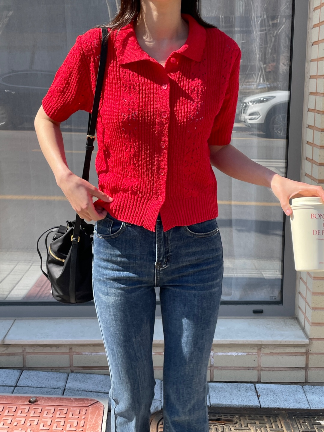 ブークレアクリルボタンカラーパンチング半袖花柄カーディガン | 詳細画像11