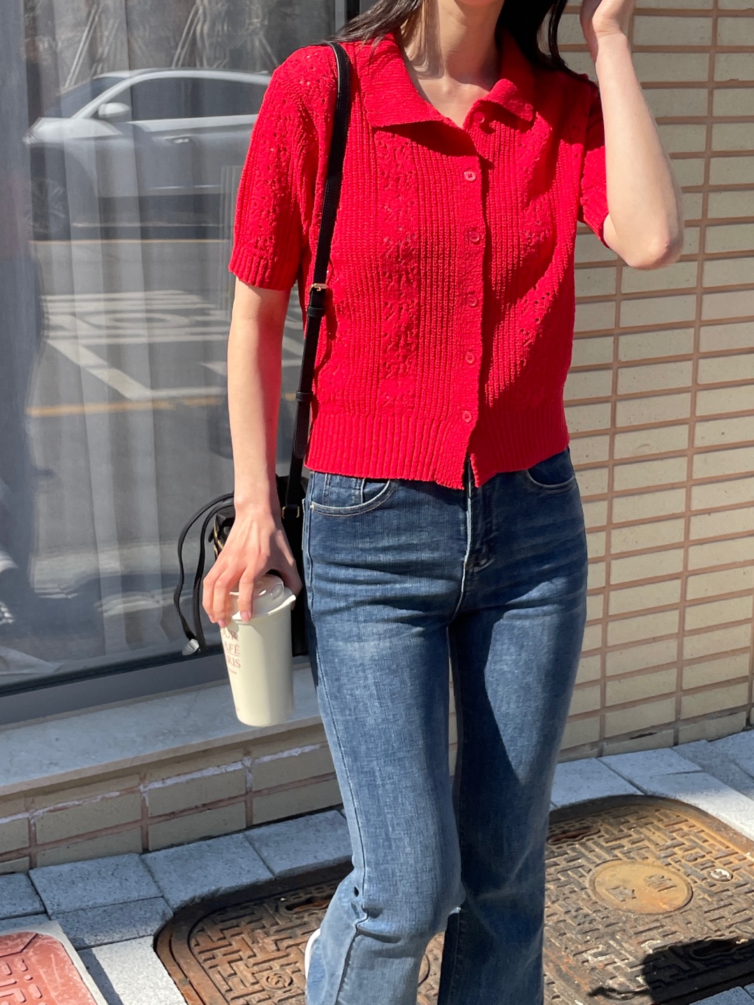 ブークレアクリルボタンカラーパンチング半袖花柄カーディガン | 詳細画像12