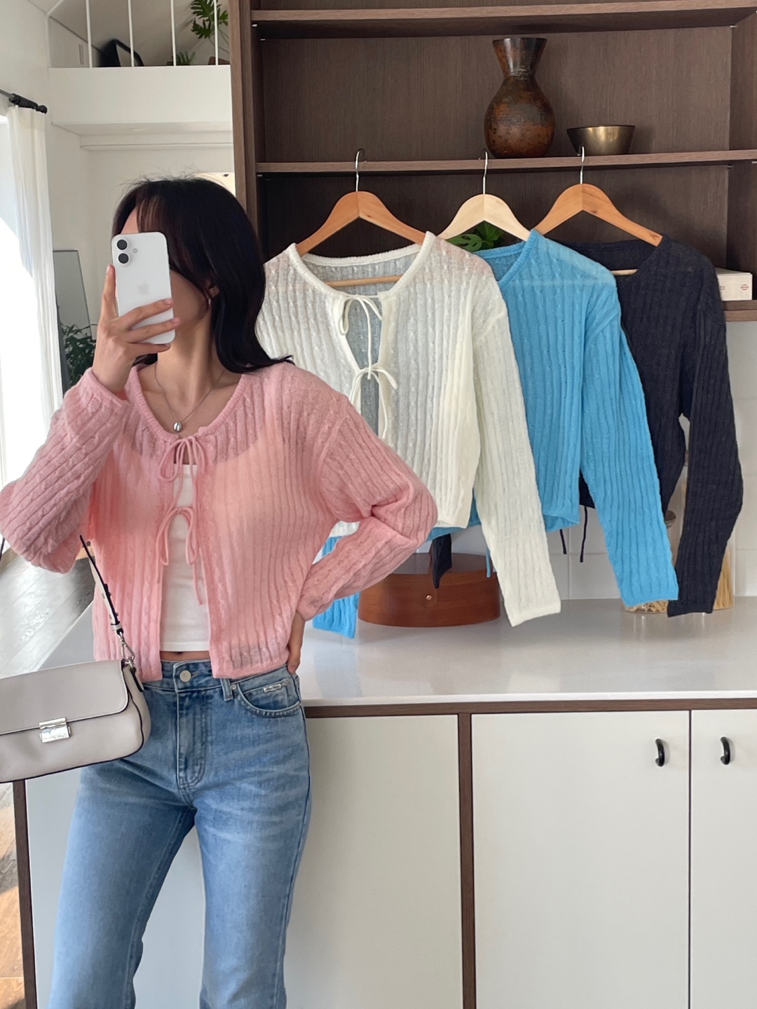 ウール混モヘア混ストラップラウンドネッククロップドルーズ長袖ドロップショルダー無地カーディガン | 詳細画像2