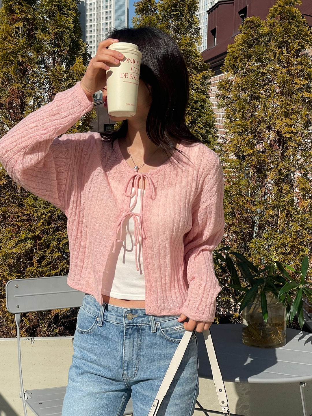 ウール混モヘア混ストラップラウンドネッククロップドルーズ長袖ドロップショルダー無地カーディガン | 詳細画像4