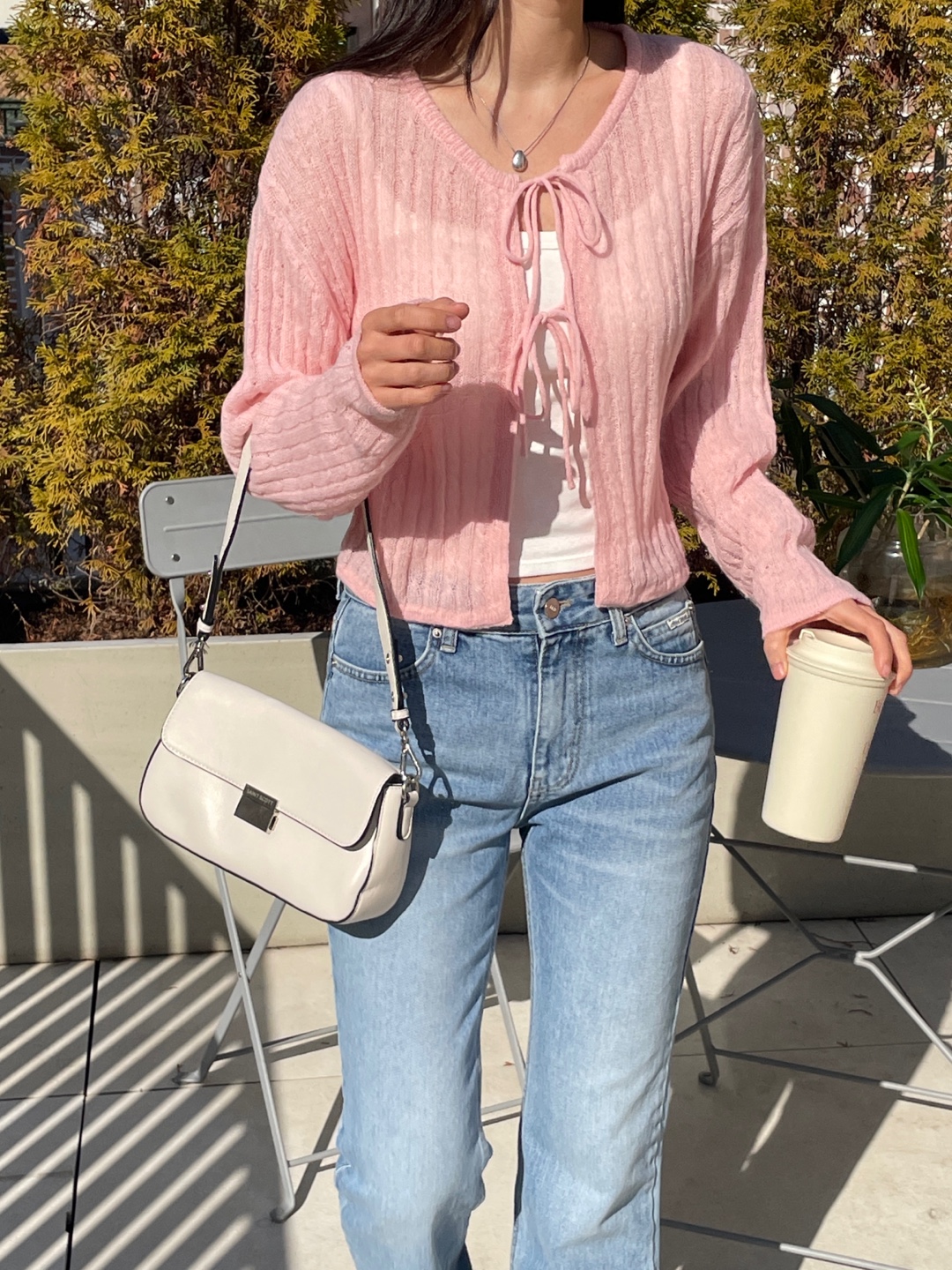 ウール混モヘア混ストラップラウンドネッククロップドルーズ長袖ドロップショルダー無地カーディガン | 詳細画像5