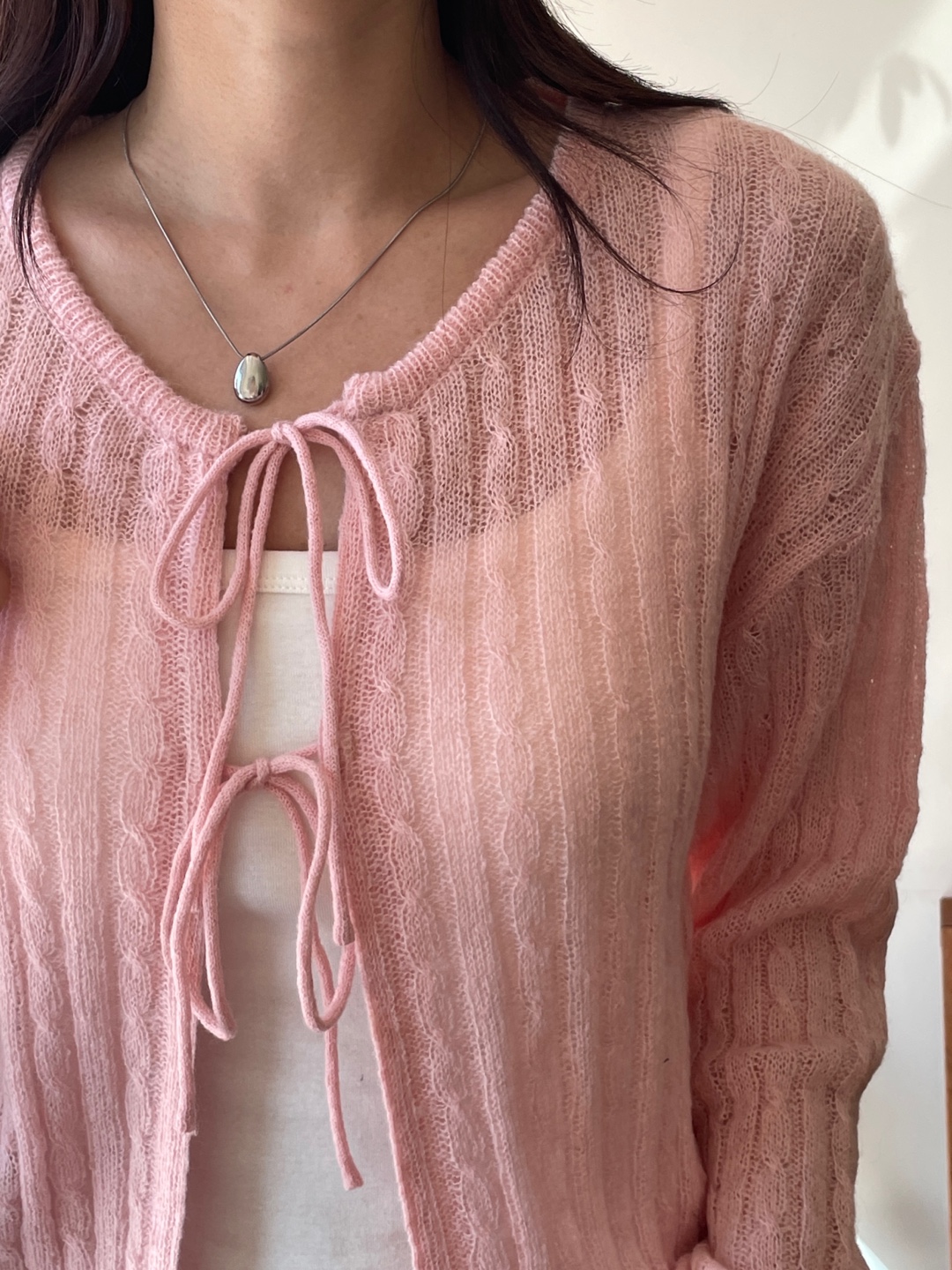 ウール混モヘア混ストラップラウンドネッククロップドルーズ長袖ドロップショルダー無地カーディガン | 詳細画像6