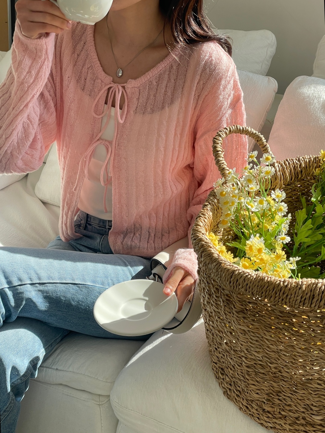 ウール混モヘア混ストラップラウンドネッククロップドルーズ長袖ドロップショルダー無地カーディガン | 詳細画像7