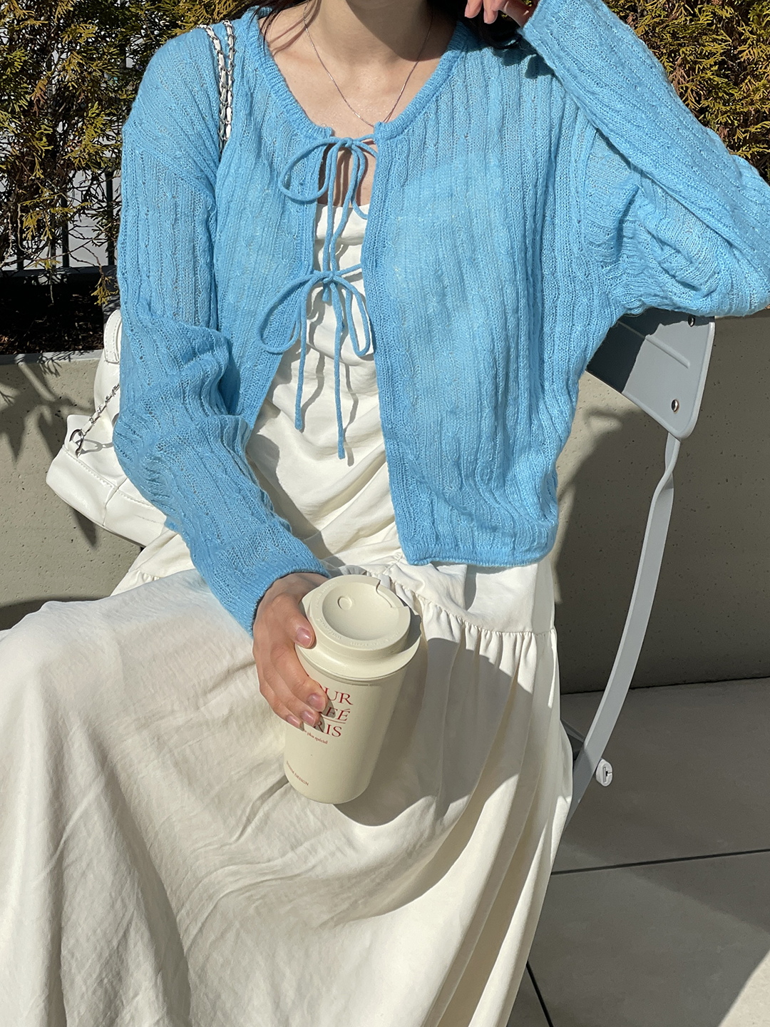 ウール混モヘア混ストラップラウンドネッククロップドルーズ長袖ドロップショルダー無地カーディガン | 詳細画像9