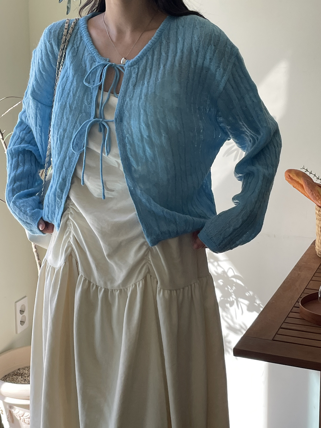 ウール混モヘア混ストラップラウンドネッククロップドルーズ長袖ドロップショルダー無地カーディガン | 詳細画像11