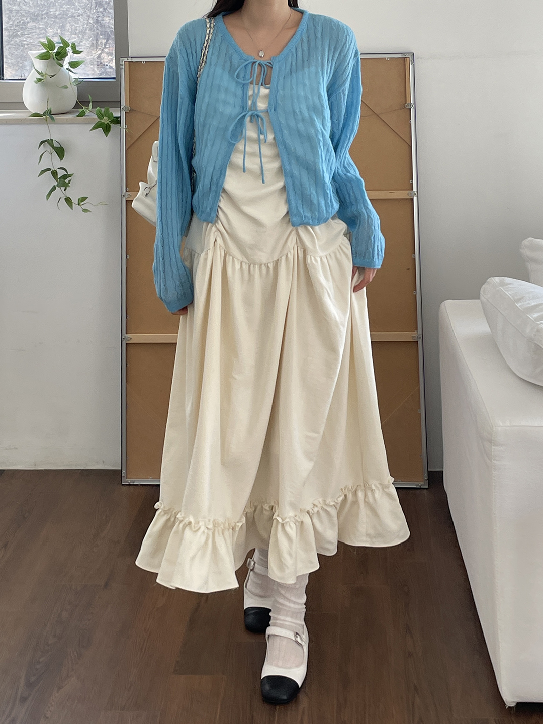 ウール混モヘア混ストラップラウンドネッククロップドルーズ長袖ドロップショルダー無地カーディガン | 詳細画像12