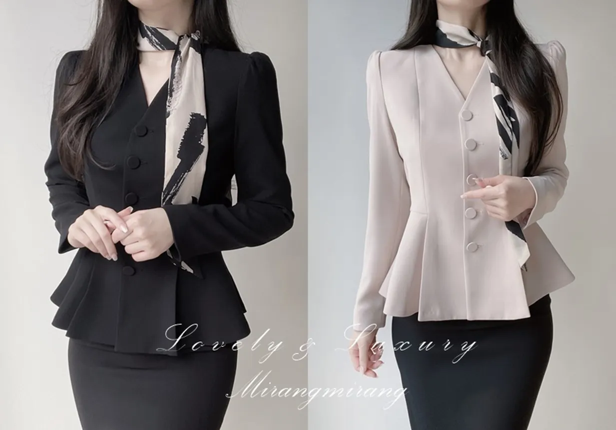 Vネックノーカラー肩パッドペプラムパフスリーブ長袖ジャケットスカーフ付 | mirangmirang | 詳細画像1