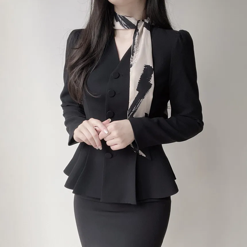 Vネックノーカラー肩パッドペプラムパフスリーブ長袖ジャケットスカーフ付 | mirangmirang | 詳細画像2