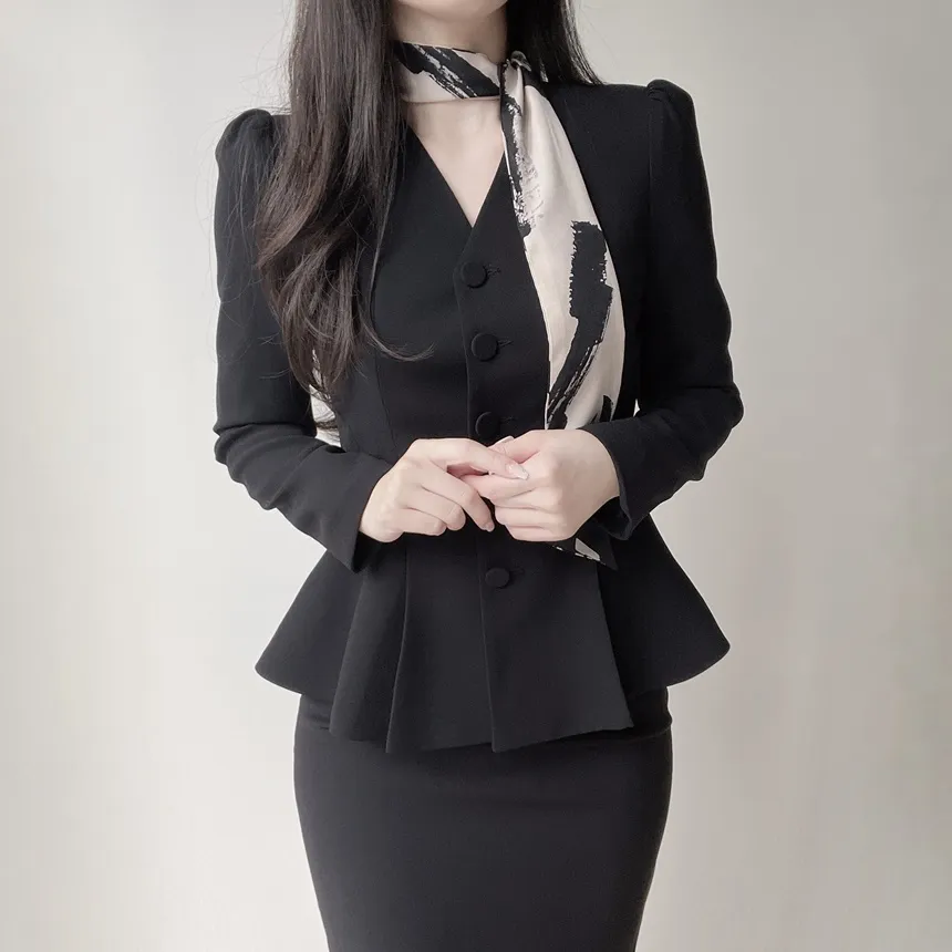 Vネックノーカラー肩パッドペプラムパフスリーブ長袖ジャケットスカーフ付 | mirangmirang | 詳細画像4