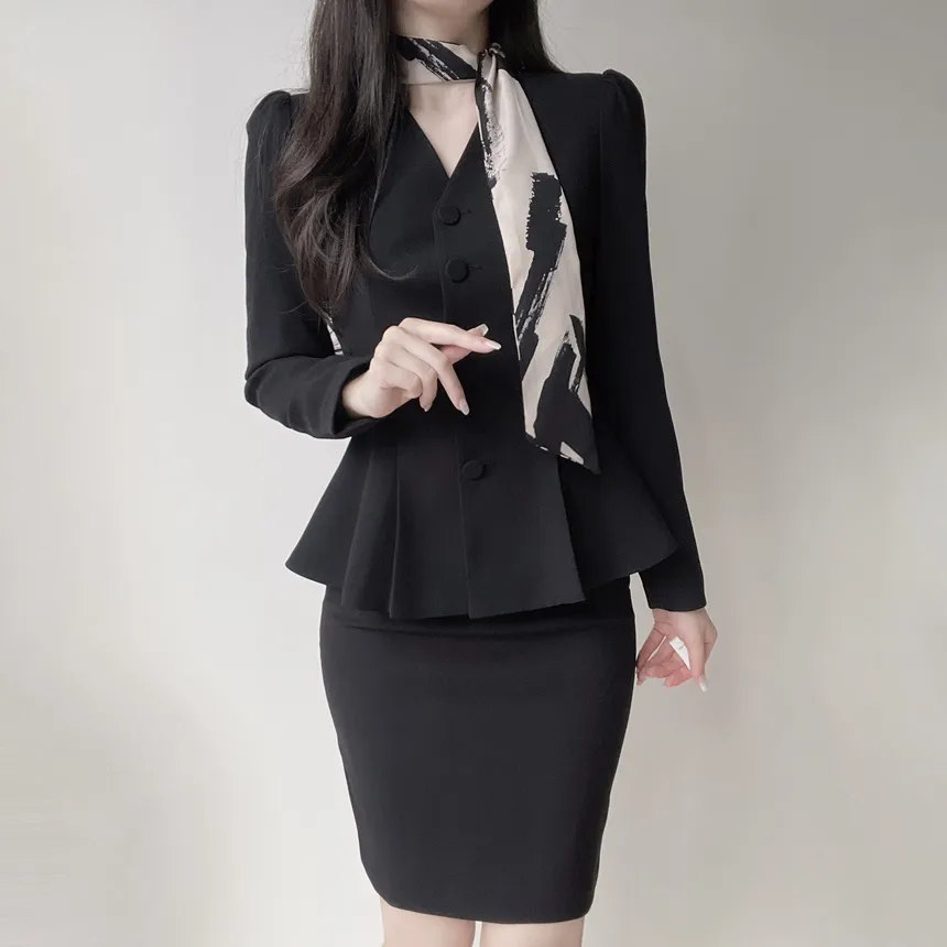 Vネックノーカラー肩パッドペプラムパフスリーブ長袖ジャケットスカーフ付 | mirangmirang | 詳細画像5