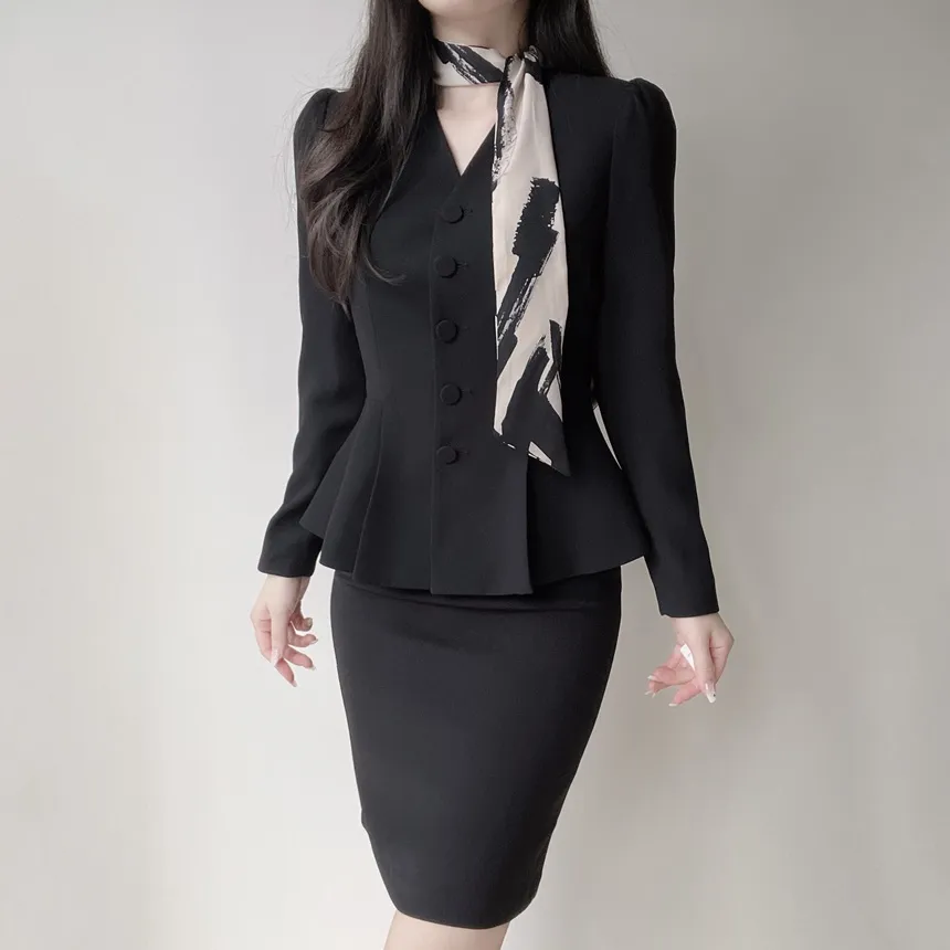 Vネックノーカラー肩パッドペプラムパフスリーブ長袖ジャケットスカーフ付 | mirangmirang | 詳細画像6