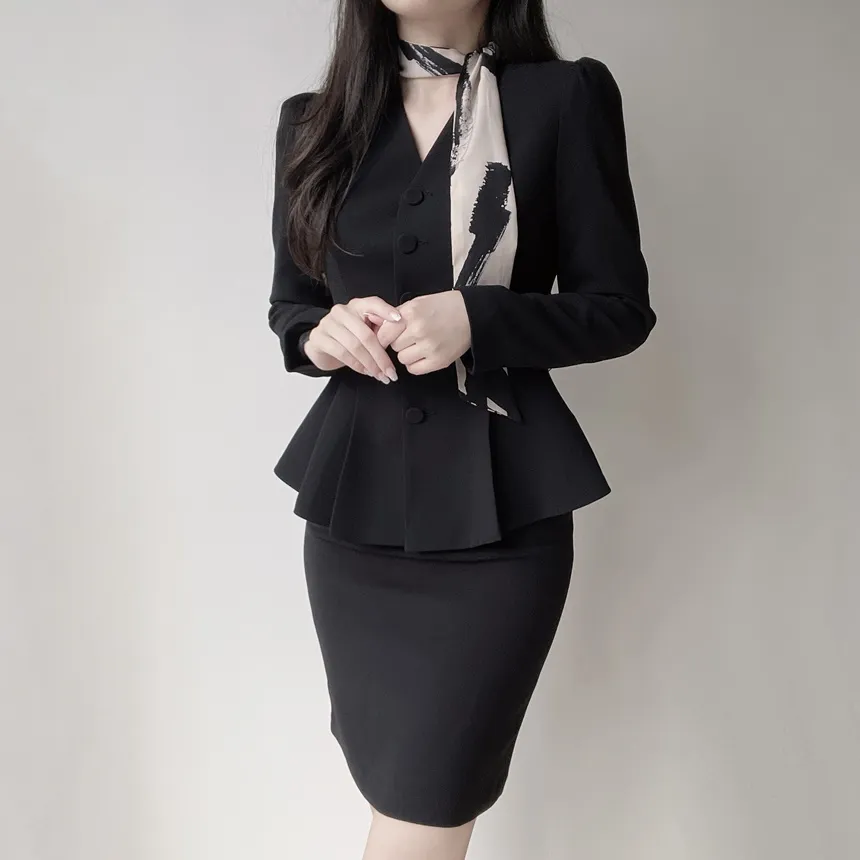 Vネックノーカラー肩パッドペプラムパフスリーブ長袖ジャケットスカーフ付 | mirangmirang | 詳細画像7