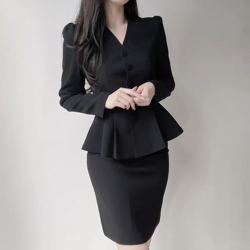 Vネックノーカラー肩パッドペプラムパフスリーブ長袖ジャケットスカーフ付 | mirangmirang | 詳細画像8