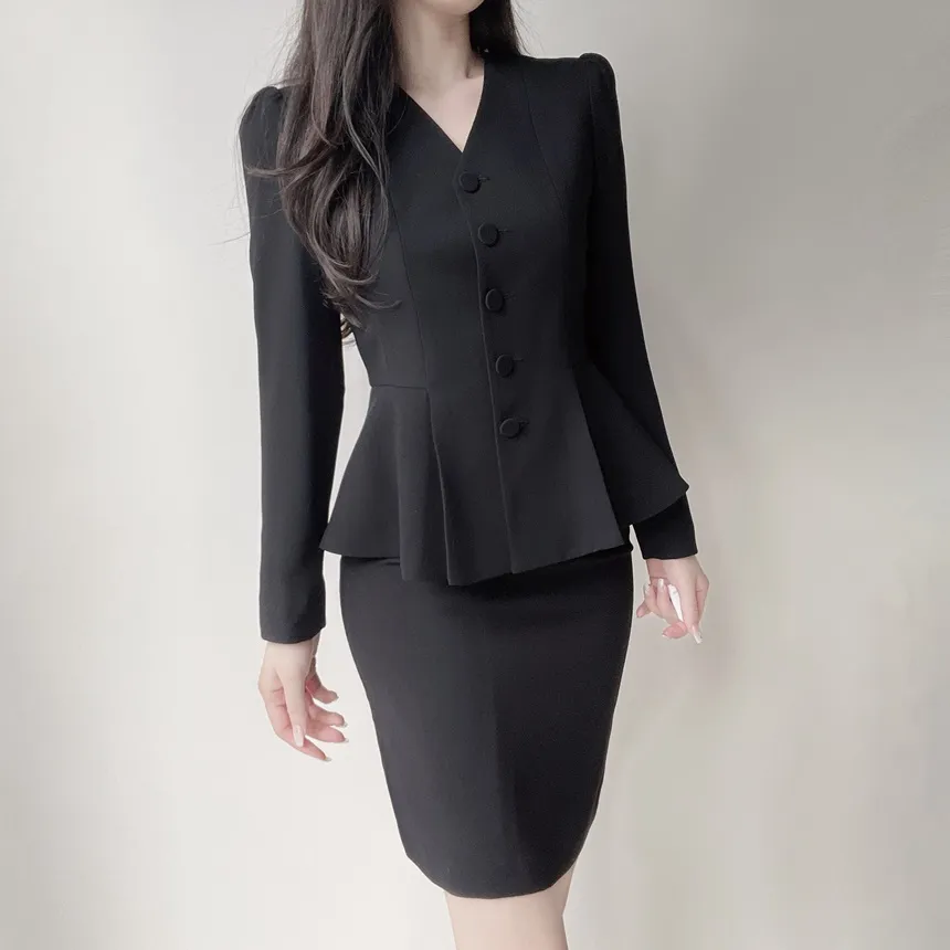 Vネックノーカラー肩パッドペプラムパフスリーブ長袖ジャケットスカーフ付 | mirangmirang | 詳細画像9