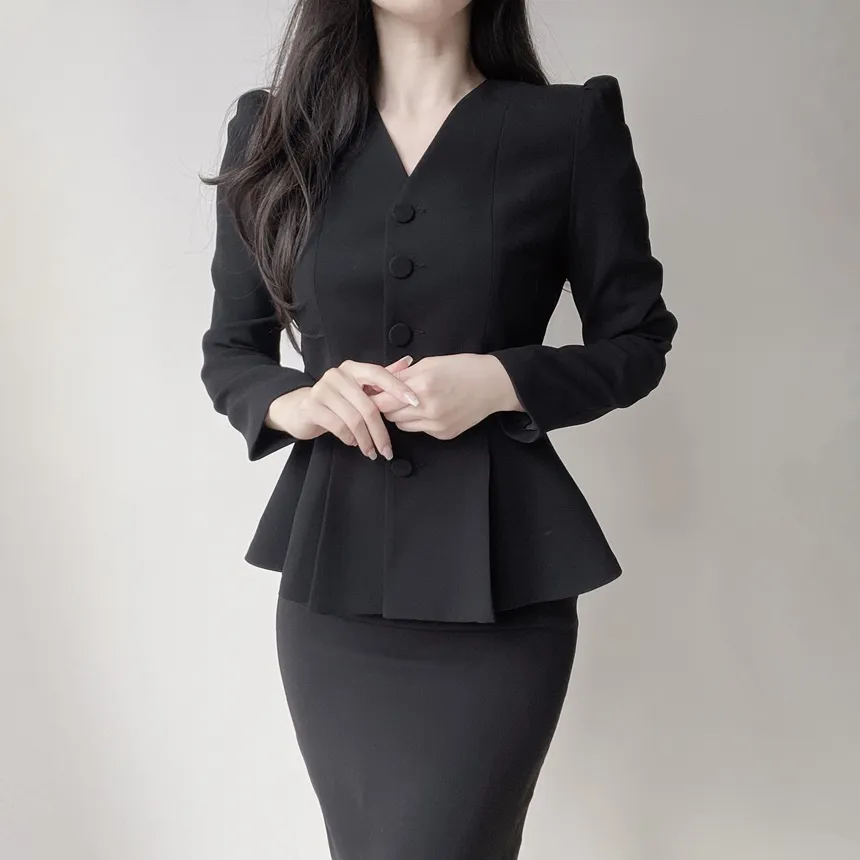 Vネックノーカラー肩パッドペプラムパフスリーブ長袖ジャケットスカーフ付 | mirangmirang | 詳細画像11