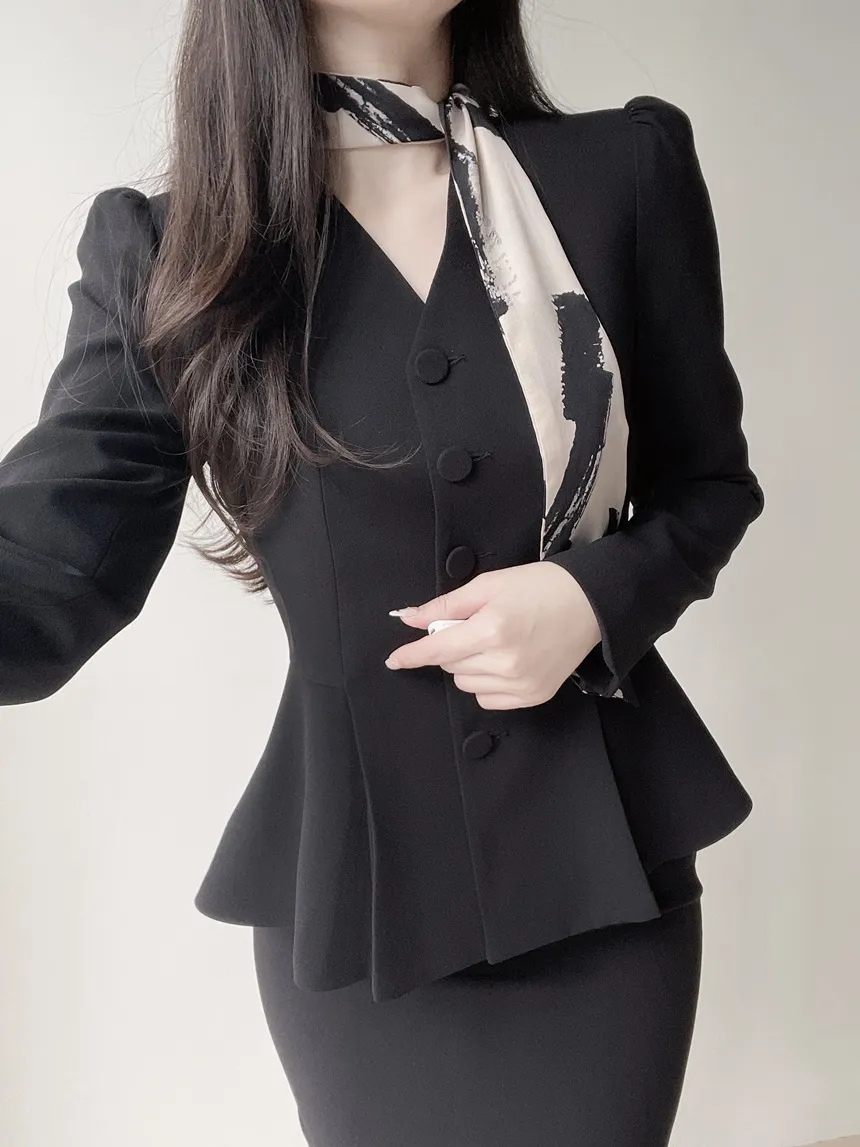 Vネックノーカラー肩パッドペプラムパフスリーブ長袖ジャケットスカーフ付 | mirangmirang | 詳細画像12