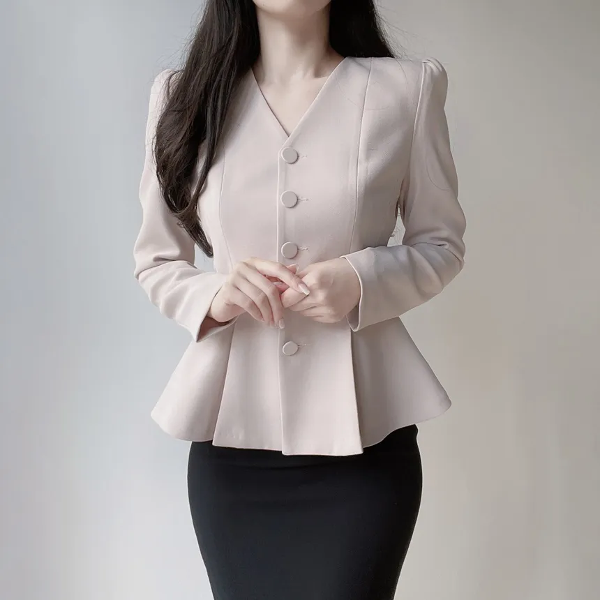 Vネックノーカラー肩パッドペプラムパフスリーブ長袖ジャケットスカーフ付 | mirangmirang | 詳細画像13