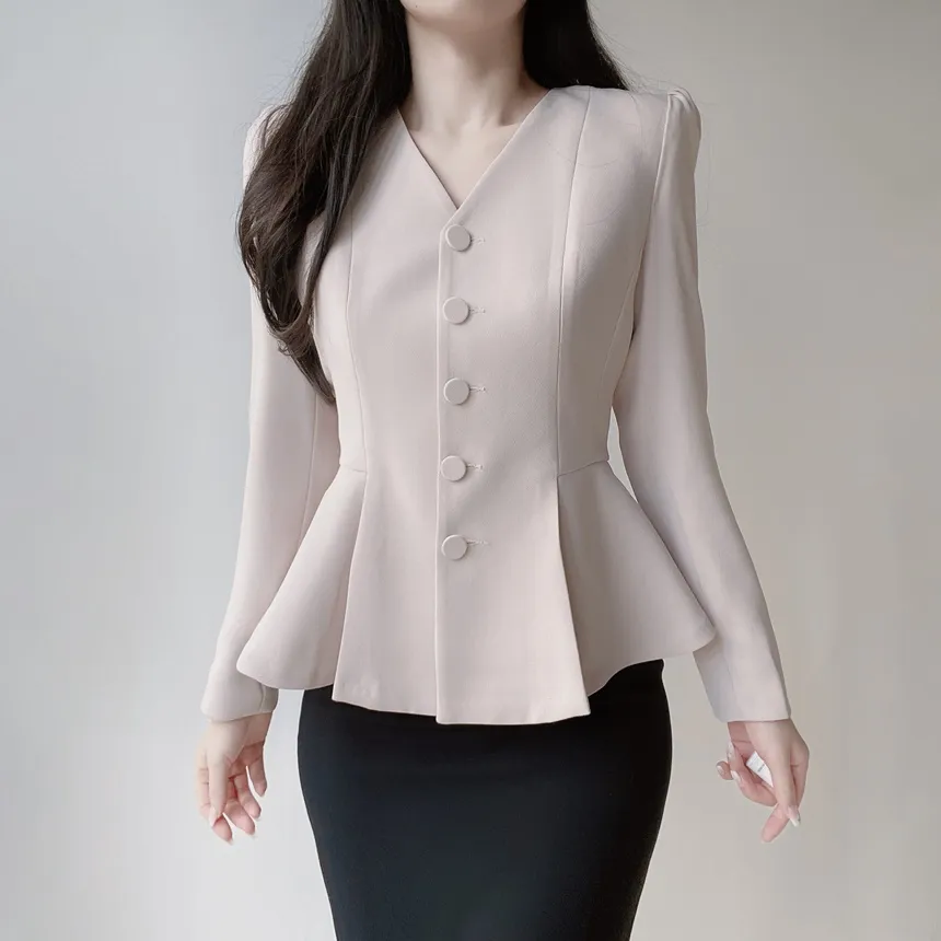 Vネックノーカラー肩パッドペプラムパフスリーブ長袖ジャケットスカーフ付 | mirangmirang | 詳細画像14